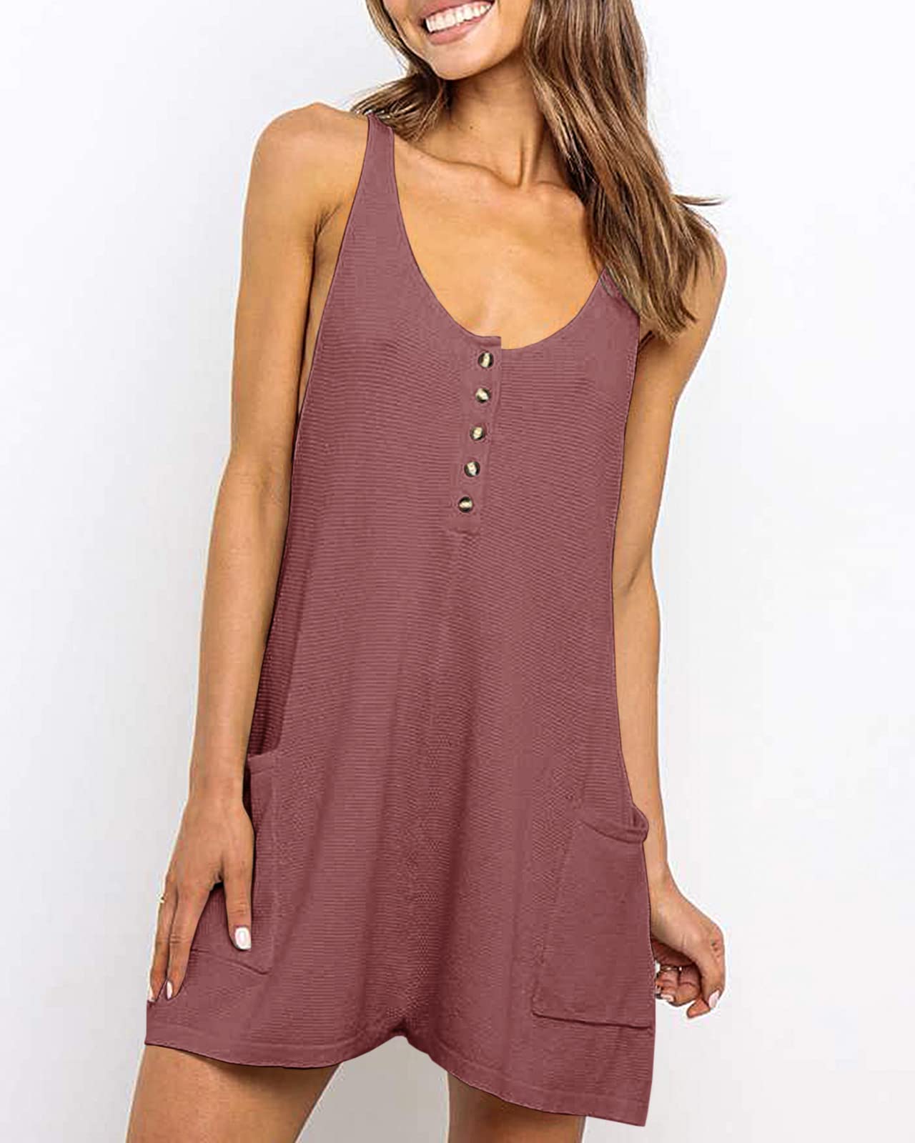 Women's Sleeveless Romper Jumpsuit - Button Down Waffle Fabric Summer Outfit for Vacation, Beach & Casual Wear