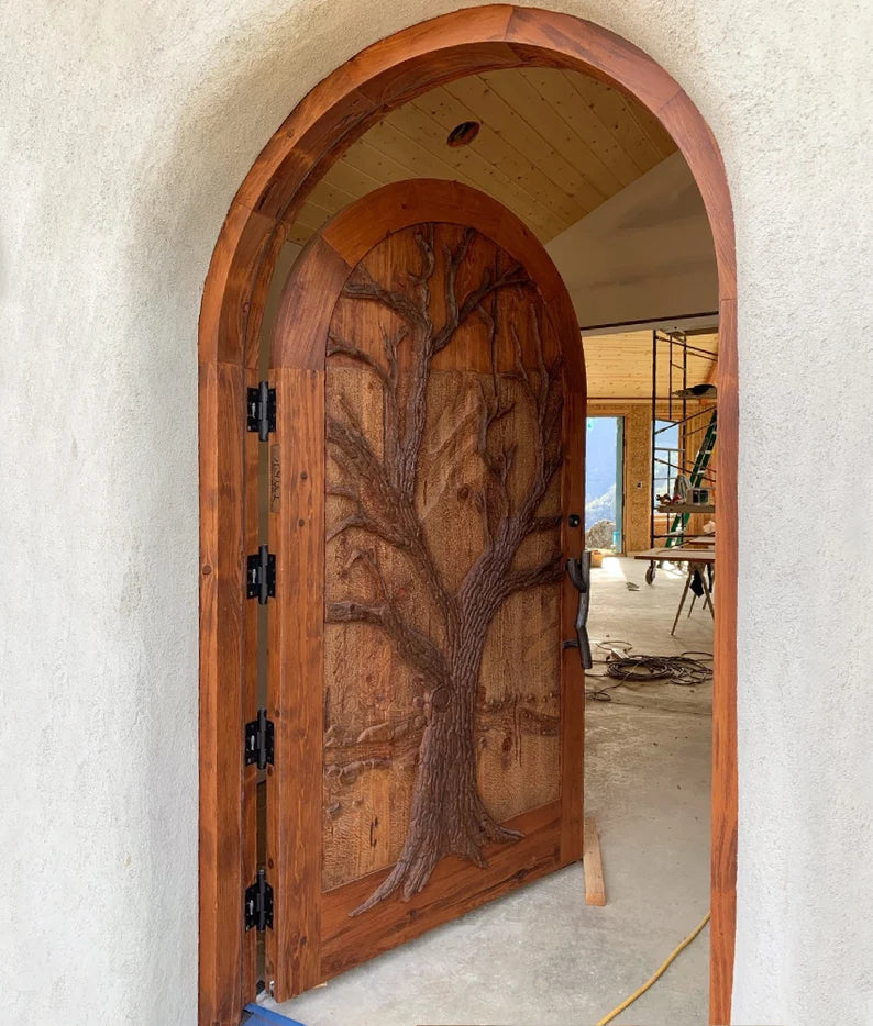 Hand Carved Tree of Life Sun Moon Wooden Door - Custom Made Interior & Exterior Solid Wood Entry Door for Home, Bedroom, Patio & Garden Decor