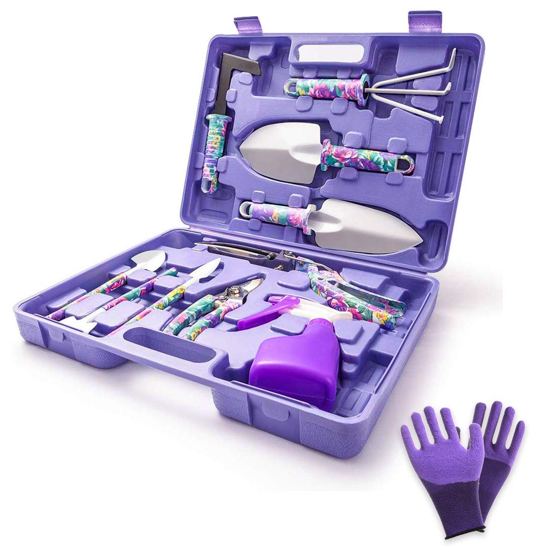 11-Piece Purple Floral Garden Tools Set with Ergonomic Handles - Trowel, Rake, Shovel, Pruner, Shears, Sprayer & Gloves in Carrying Case | Perfect Gardening Gifts for Women, Outdoor Planting & Yard Work