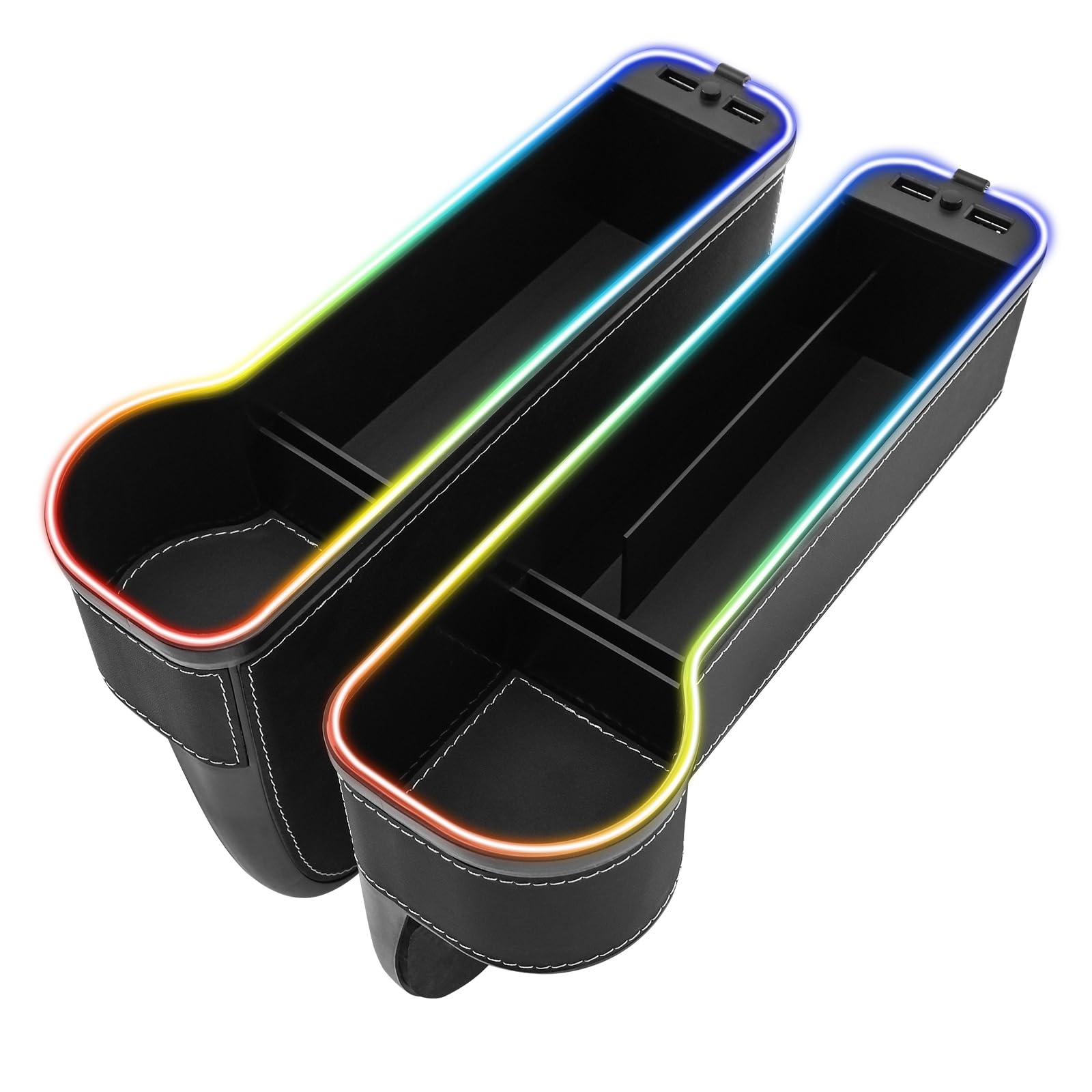 7 Color Changing LED Car Seat Gap Filler Organizer with Cup Holder & USB Fast Charger - 2 Pack Front Seat Storage Box with Flashlight (Blue/Red/Green/Black) - Perfect for Road Trips, Commuting & Keeping Your Car Organized