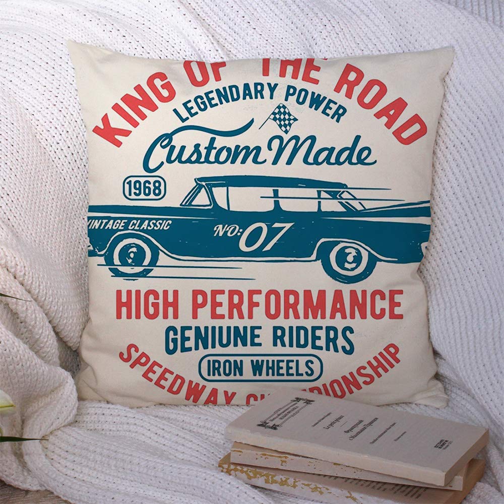 Vintage Racing Car Print Polyester Throw Pillow Covers 18x18 Inch - Sport Typography Champion Letter Speed Design, Decorative Square Pillow Cases for Sofa, Couch, Bedroom & Living Room Home Decor - Perfect for Racing Fans, Man Cave, Game Room and Automotive Themed Spaces