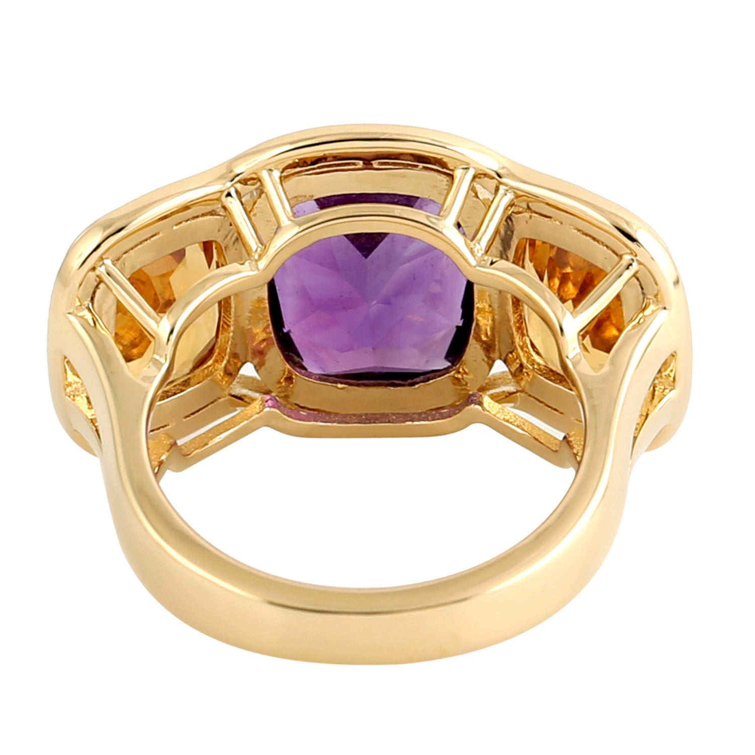 18K Yellow Gold Cushion Cut Citrine Bezel Set Amethyst Three Stone Ring | Elegant Jewelry for Weddings, Anniversaries & Special Occasions