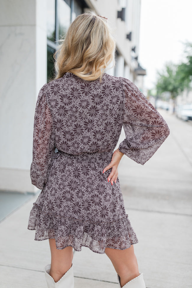 True Love Brown Floral Print Collared Dress - Women's Vintage Style Summer Dress for Date Night, Wedding Guest & Office Wear