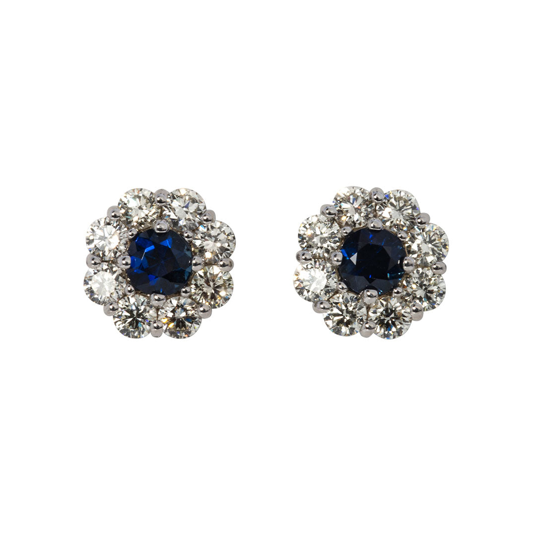 14K Gold Round Sapphire & Diamond Cluster Stud Earrings for Women - Elegant Jewelry Gift for Wedding, Anniversary & Special Occasions