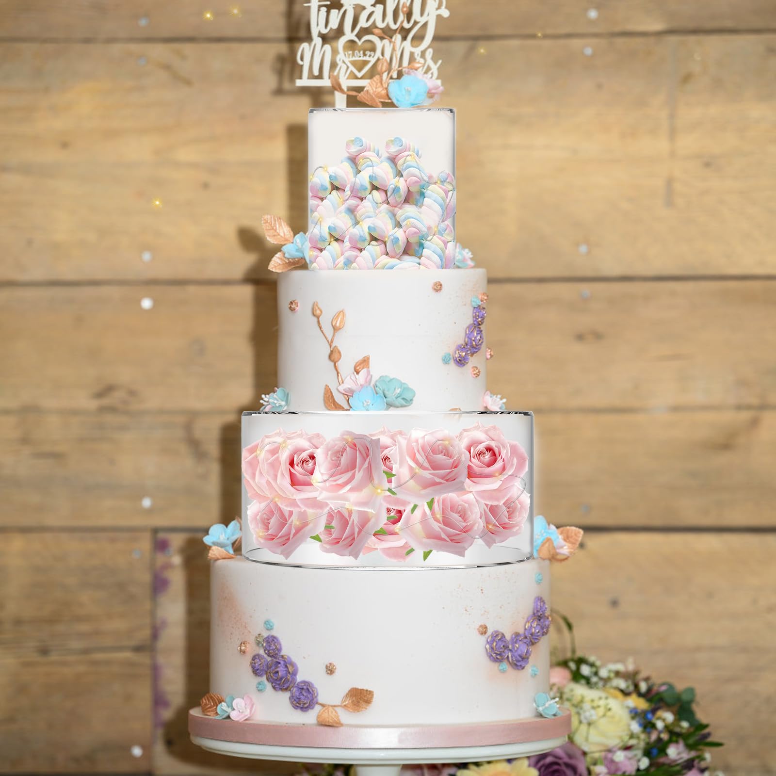 2Pcs Clear Acrylic Cake Stand with LED Lights - Fillable Round Dessert Display Riser, Stackable Cake Box for Wedding, Birthday Party, Bakery Display (Ideal for Cakes, Cupcakes, Toys & Floral Arrangements)