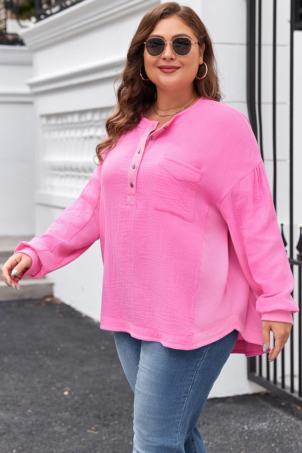 Bonbon Plus Size Half Button Top - Stylish & Comfortable Women's Blouse for Casual Wear & Office Outfits