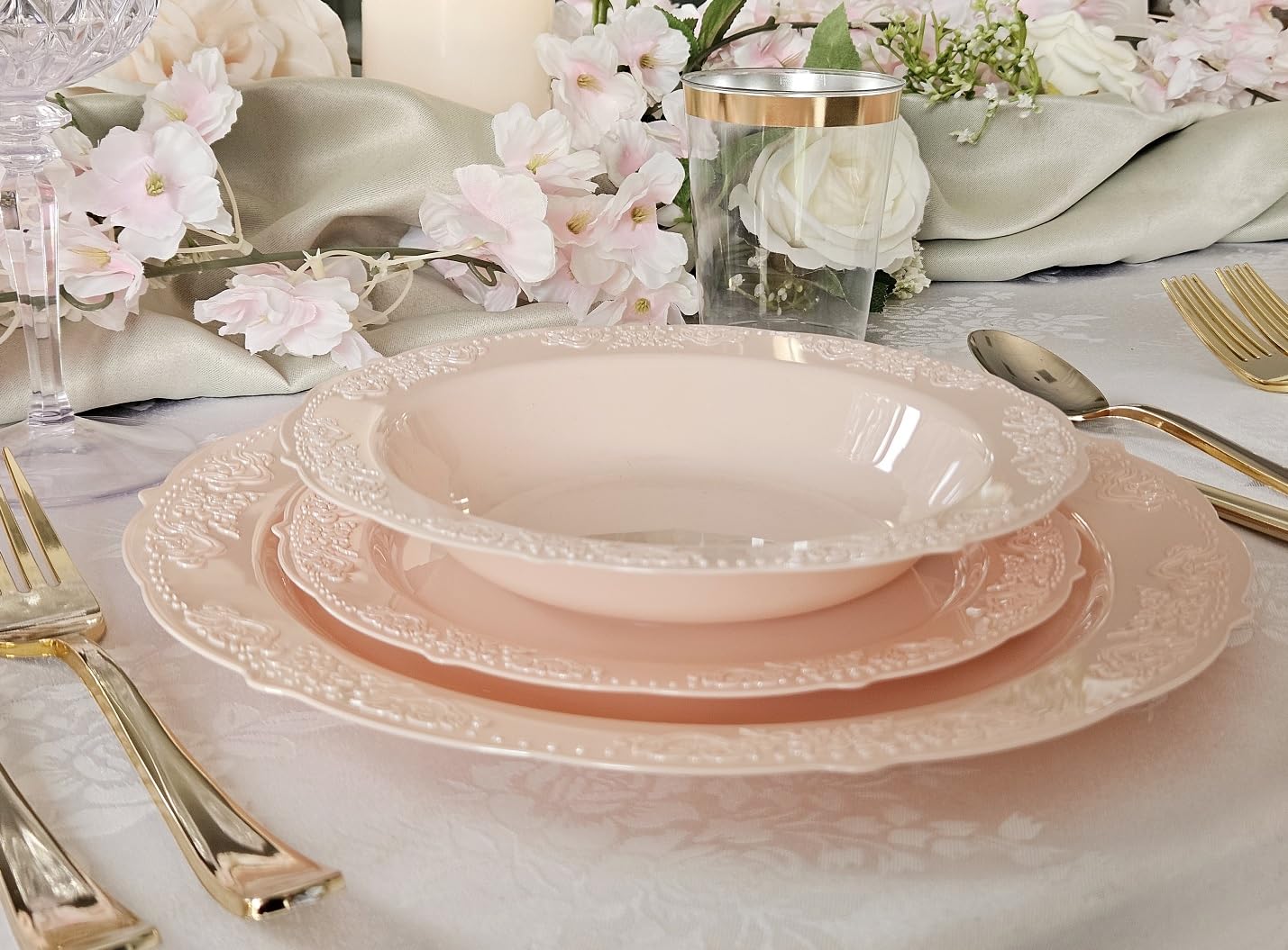 240 Pack Vintage Disposable Plastic Plates - 7.5'' Appetizer & Dessert Plates for Wedding, Party, Baby Shower (Blush/Antique Rose) - Elegant & Eco-Friendly Tableware for Any Occasion