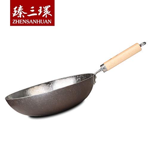 Premium Chinese Hand-Hammered Iron Wok Pan - 34cm Silver Stir Fry Pan with Wooden Handle - Authentic Carbon Steel Wok for High Heat Cooking - Perfect for Stir-Frying, Deep Frying & Asian Cuisine - Ideal for Home Chefs & Restaurant Use