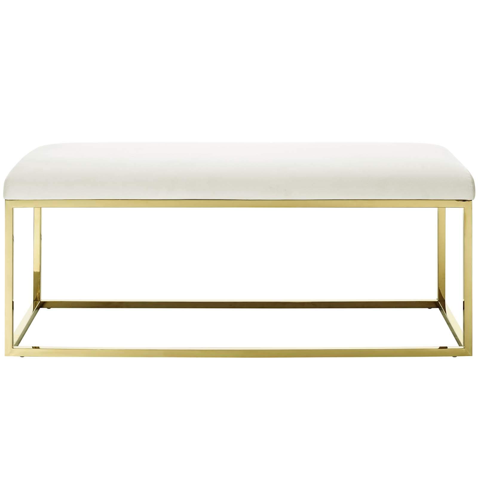 Modern Contemporary Accent Chair Bench - Velvet Upholstery with Metal Steel Frame in Gold & Ivory - Perfect for Living Room, Lounge, or Bedroom Decor