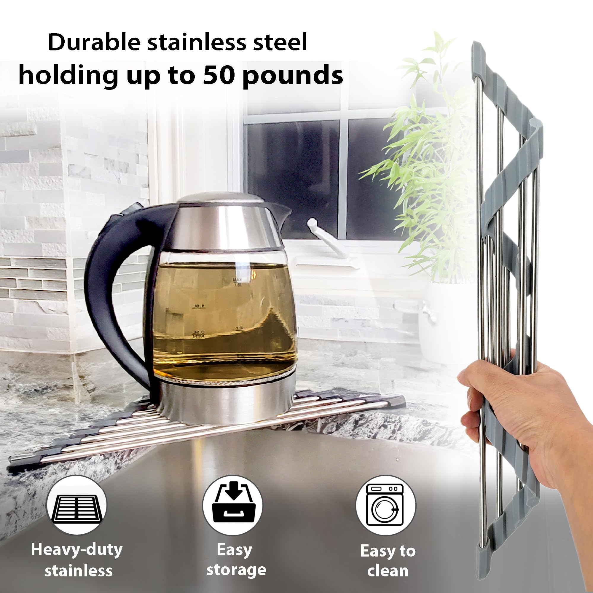 Stainless Steel Roll Up Sponge Holder for Kitchen Sink - 304 Steel Sponge, Brush & Scrubber Organizer - Space Saving Countertop Organizer for Bathroom, Laundry Room - Includes Soap Dispenser Holder & Dish Drying Rack (Black) - Perfect for Small Spaces & Clutter-Free Countertops