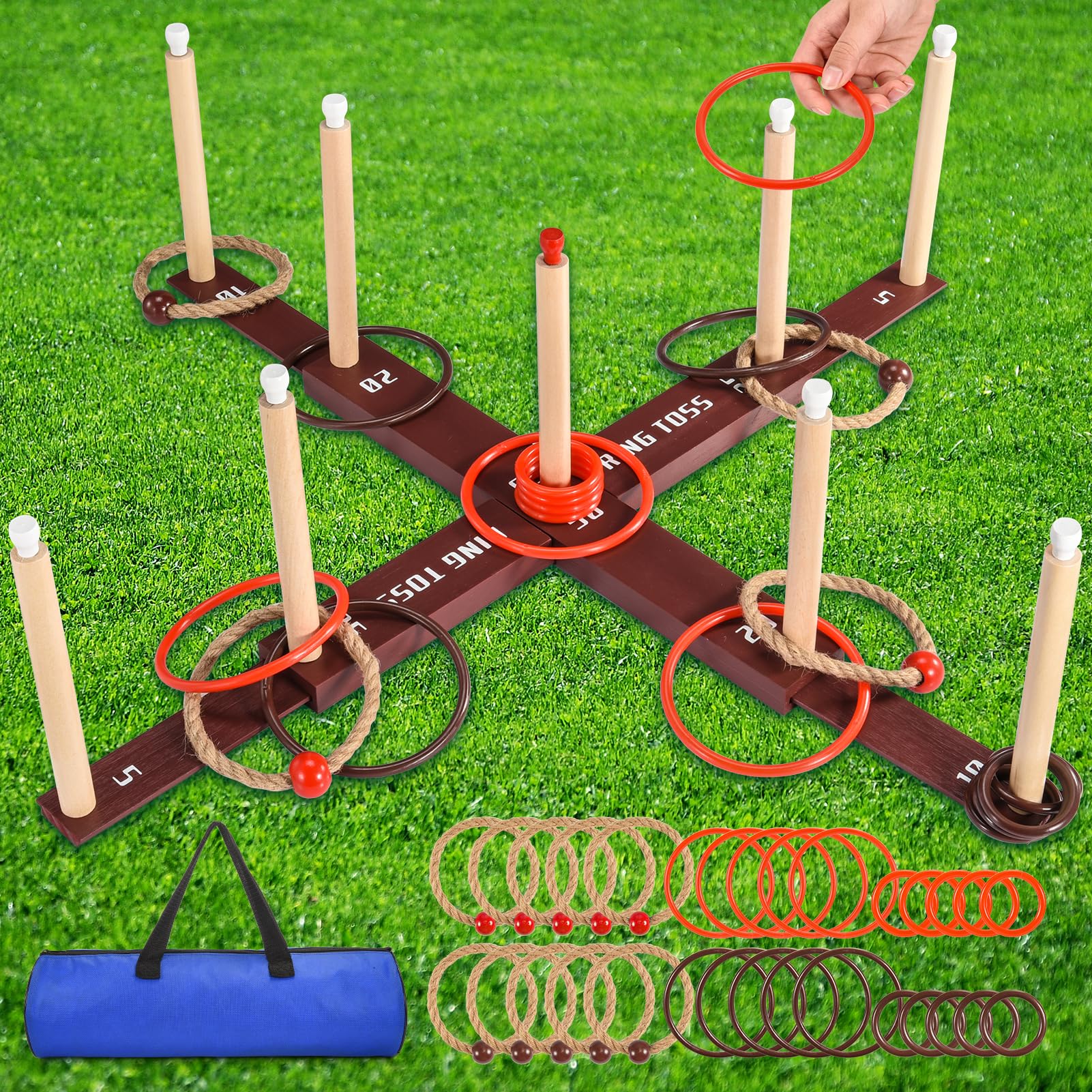 Upgraded Wooden Ring Toss Game Set - 30 Rings for Indoor & Outdoor Fun - Backyard, Beach, Lawn Games for Kids & Adults - Perfect Birthday Gift for Family Gatherings, Parties, and Picnics