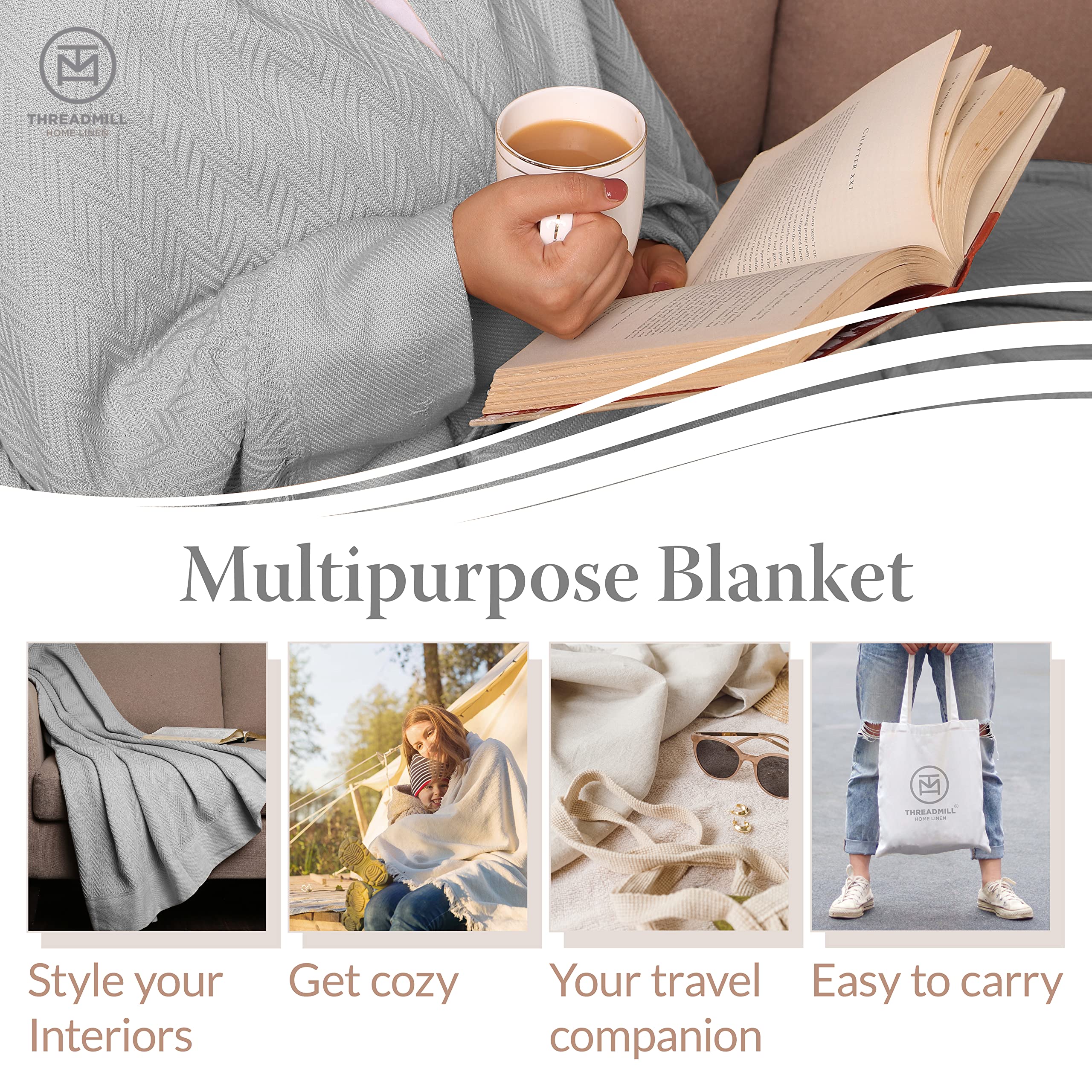 Premium 100% Cotton Twin Size Blanket - All-Season Soft & Cozy Herringbone Weave Thermal Blanket (350GSM, 68x90 inches, Light Grey) | Luxury Bedding for Home, Dorm, Guest Room & Cozy Fall Nights