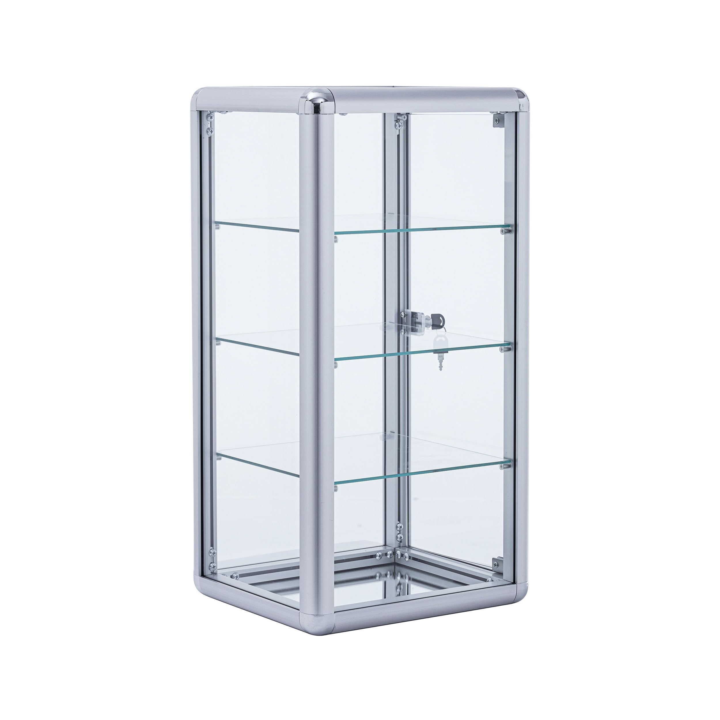 4-Tier Tempered Glass Display Case with Sliding Door & Lock - Silver Aluminum Frame Countertop Showcase (12