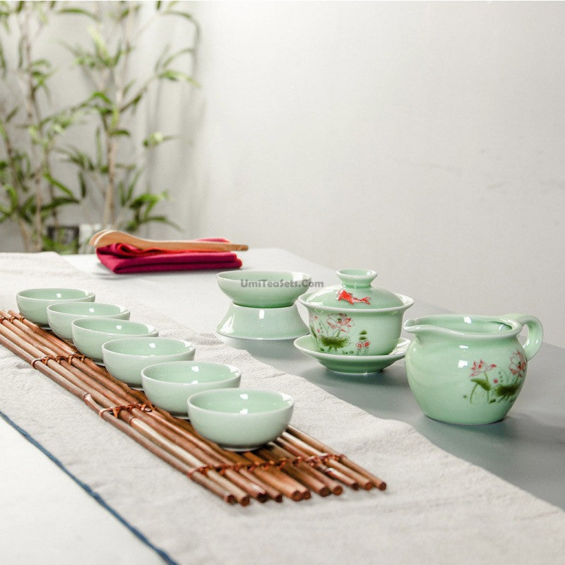 Premium Chinese Jade Porcelain Lotus Gaiwan Tea Set - Traditional Yixing Clay Teapot with Cups for Gongfu Tea Ceremony | Perfect for Home, Office & Zen Meditation Spaces