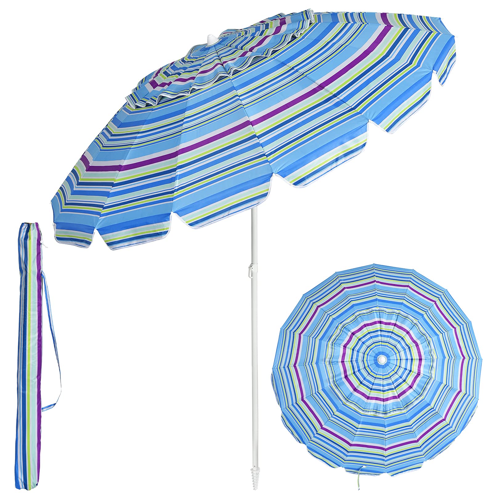 **Tangkula 8FT Portable Beach Umbrella with Sand Anchor & Tilt Mechanism - 16 Sturdy Fiberglass Ribs, UV Protection Sun Shade for Garden, Patio, Pool & Outdoor Use - Includes Carry Bag (Blue)**    **Perfect for Beach Trips, Backyard Lounging, Picnics & Poolside Relaxation**