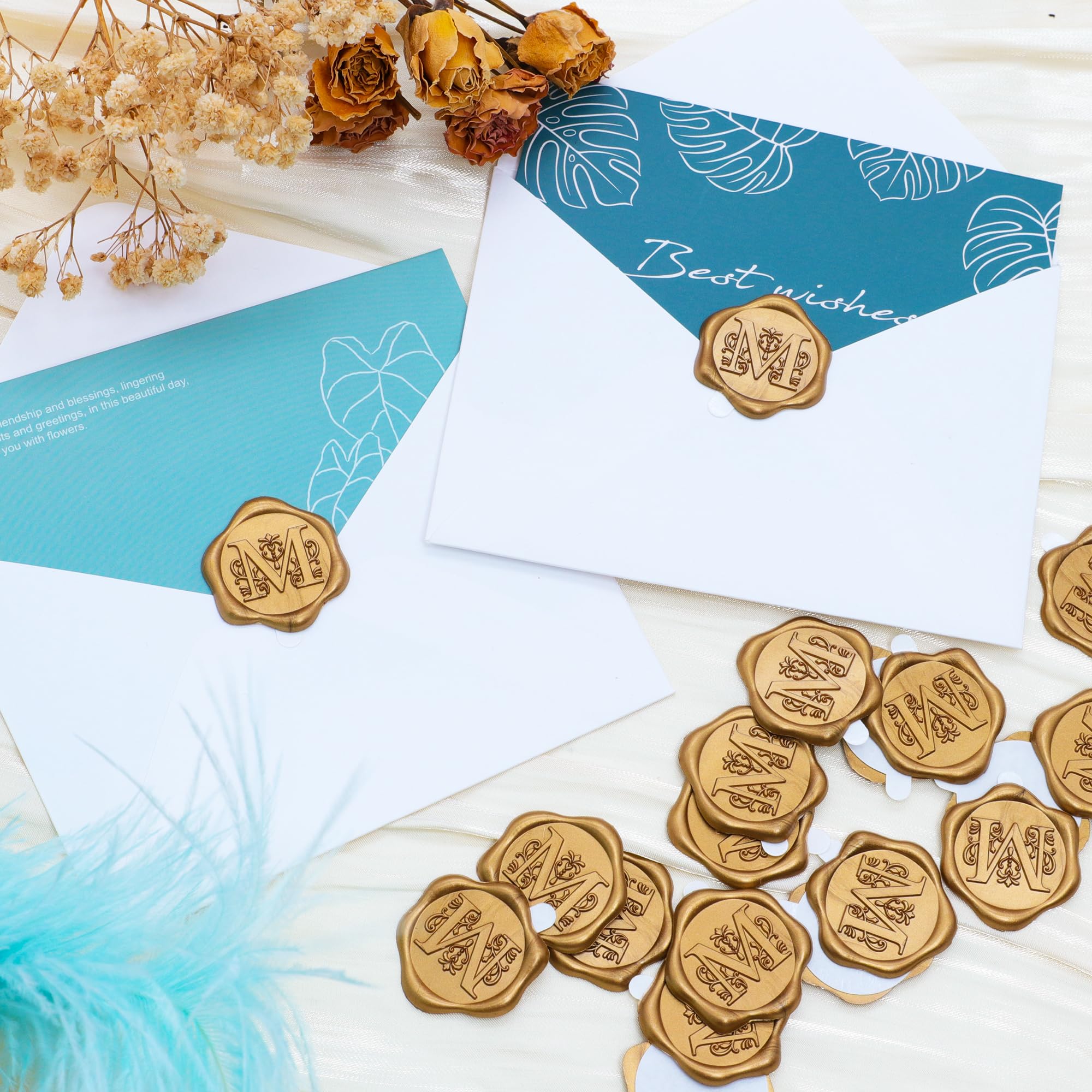 SWANGSA 50 Pack Letter M Wax Seal Stickers - Antique Gold Initial Alphabet Self-Adhesive Wax Seals for Wedding Invitations, Party Envelopes, Greeting Cards & DIY Scrapbooking