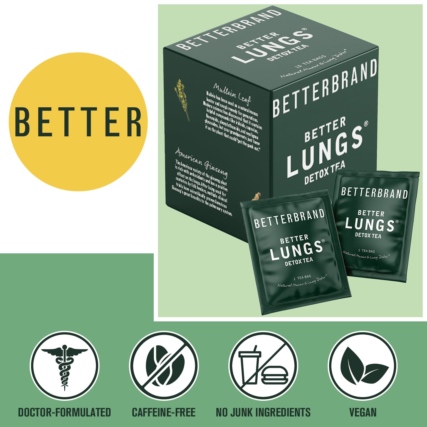 Betterbrand BetterLungs Detox Tea - Organic Herbal Tea for Respiratory Support & Lung Cleansing | Mullein Leaf Blend for Healthy Breathing & Wellness | Caffeine-Free, Non-GMO | 15 Tea Bags | Perfect for Allergy Season, Smokers & Urban Living