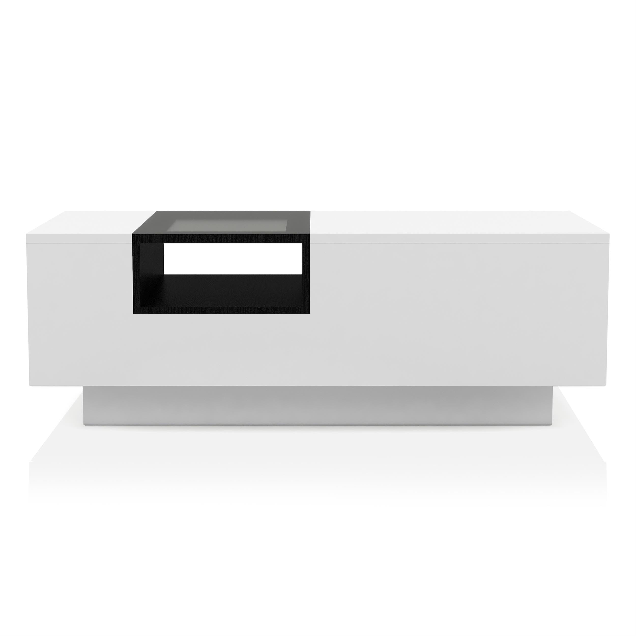 Modern Rectangle Coffee Table with Storage - White & Black Wooden Furniture for Living Room & Office - Matte Finish with Glass Window Shelf & 2 Open Shelves - Perfect for Small Spaces, Home Decor & Entertaining Guests