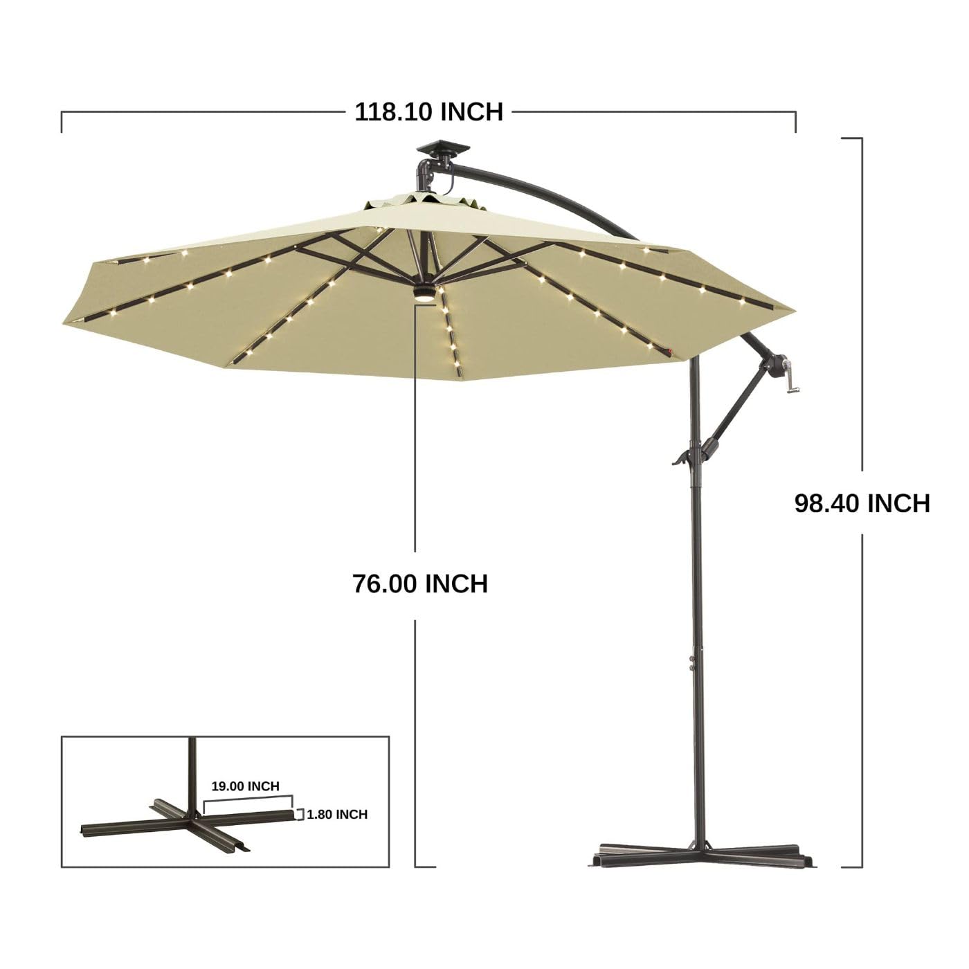 East Oak 10ft Offset Hanging Cantilever Patio Umbrella with 40 Solar Lights - 8 Ribs, Waterproof, UV 30+ Protection, Fade Resistant - Perfect for Poolside, Backyard, Deck, and Outdoor Dining Areas (Beige)