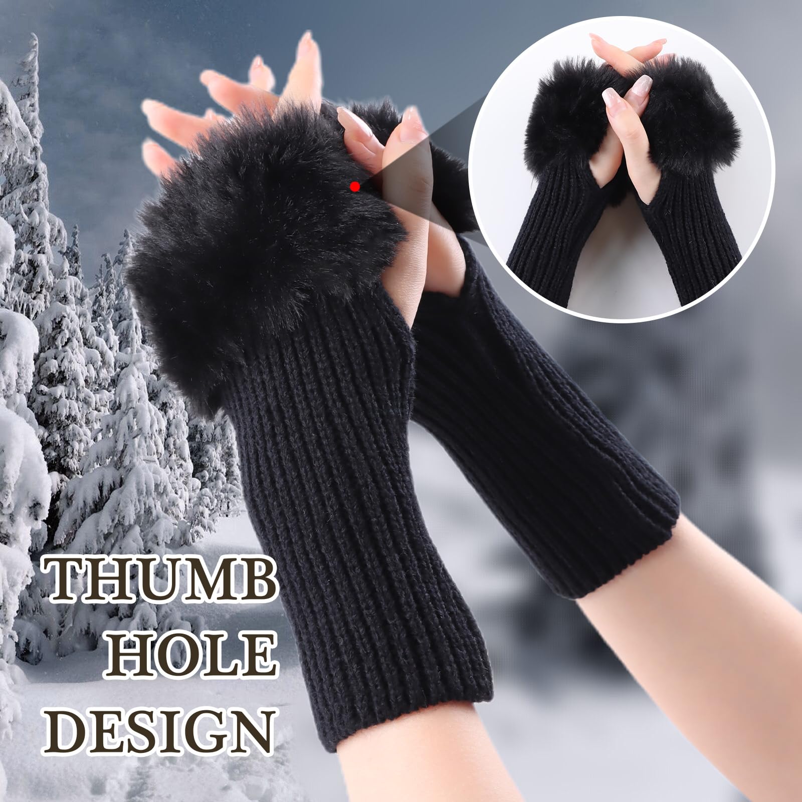 Warm Knitted Fingerless Gloves for Women - Winter Arm Warmers with Thumb Hole & Faux Fur Cuff - Cozy Hand Mittens for Office, Driving & Outdoor Activities