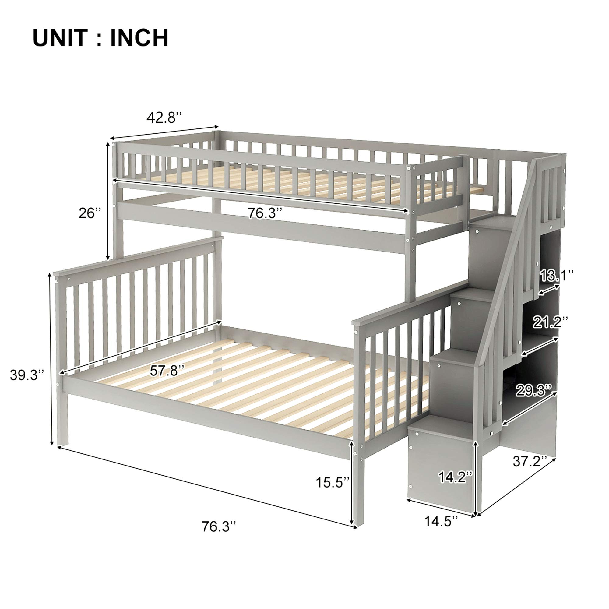Twin Over Full Bunk Bed Frame for Kids - Solid Wood Bunk Beds with Storage, Safety Rail & Stair Loft in Grey | Space-Saving Kids Bedroom Furniture for Siblings or Sleepovers