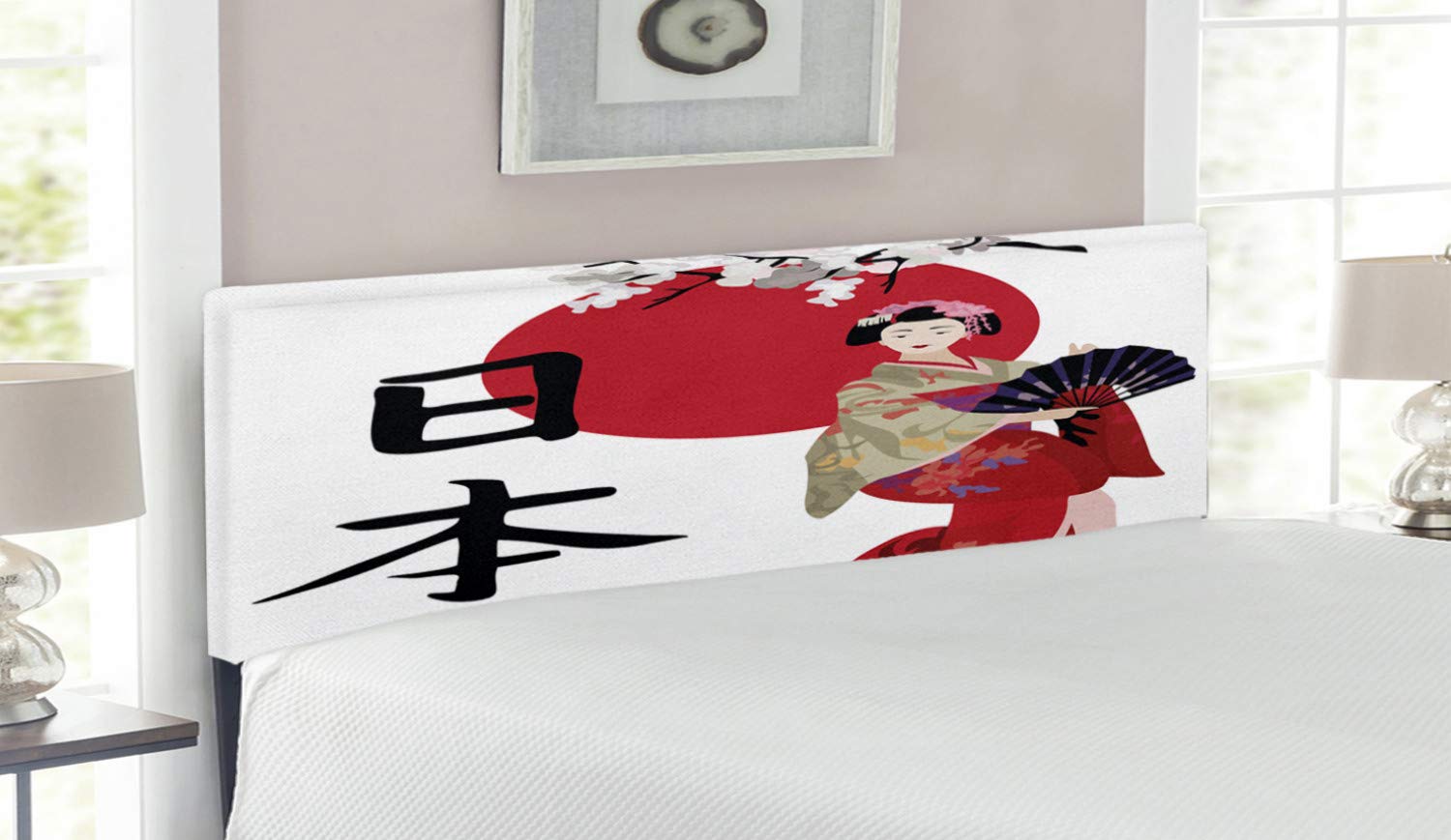 Lunarable Japanese Geisha Cherry Blossom Kanji Kimono Upholstered Metal Headboard with Memory Foam - Queen Size Decorative Bed Headboard for Bedroom, Guest Room & Home Decor | Multicolor Design