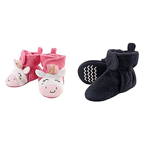 Hudson Baby Fleece Booties 2-Pack, Pink Unicorn Navy for 6-12 Months - Cozy Winter Footwear
