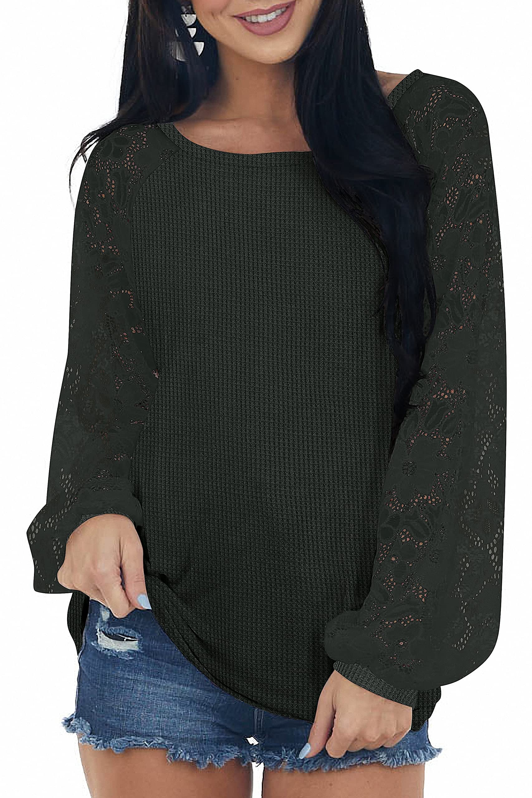 Women's Lace Long Sleeve Tunic Top - Soft Waffle Knit Blouse - Casual Loose Fit Shirt for Everyday Wear, Office & Date Night