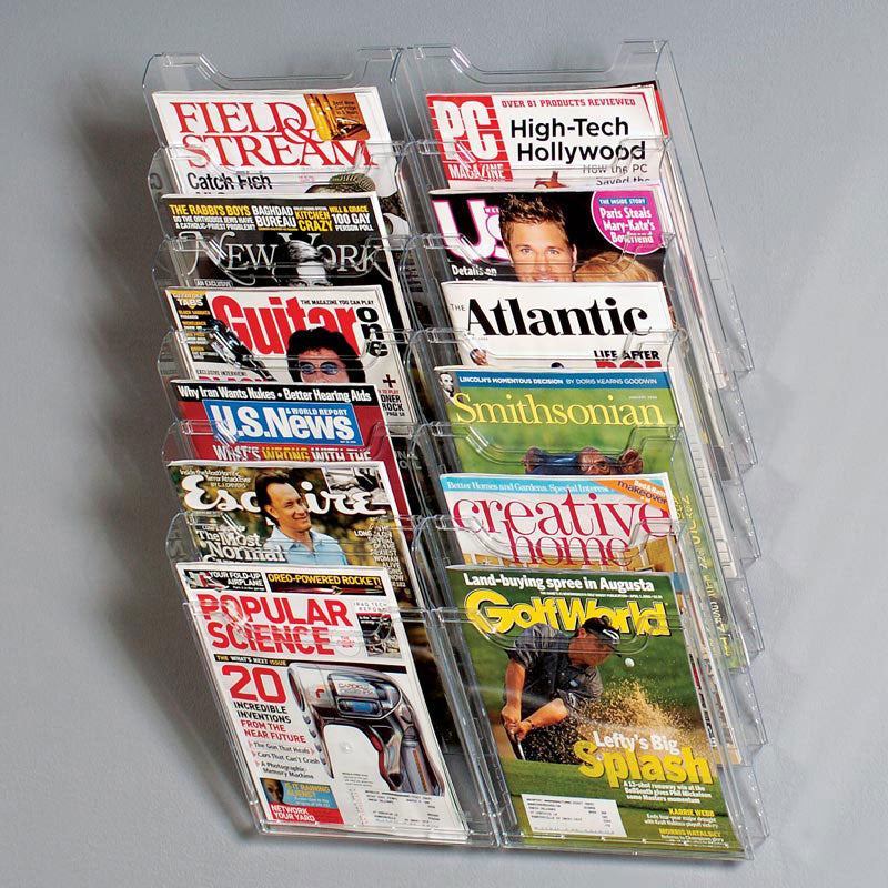 12-Pocket Crystal Clear Modular Magazine Rack - Space-Saving Cascading Wall Organizer for Office, Home & Library - Expandable Top to Bottom & Side by Side - Perfect for Books, Magazines & Office Literature Display