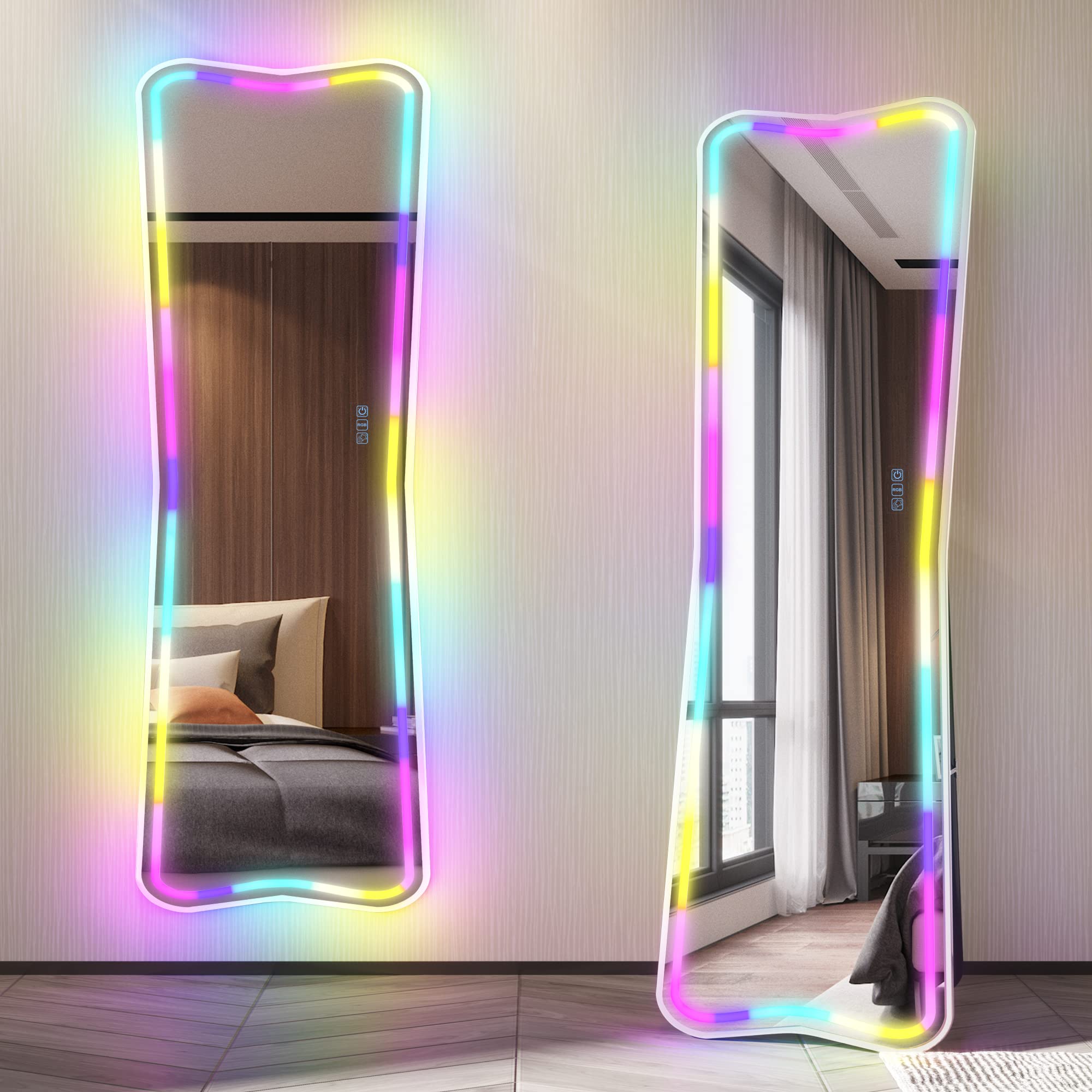 LVSOMT 150 x 50 cm RGB LED Floor Mirror with Adjustable Lighting - Full Length Wall Mirror for Dressing Room, Bedroom & Vanity | Modern Illuminated Mirror with White & Color Changing Lights for Home Decor & Selfie Background