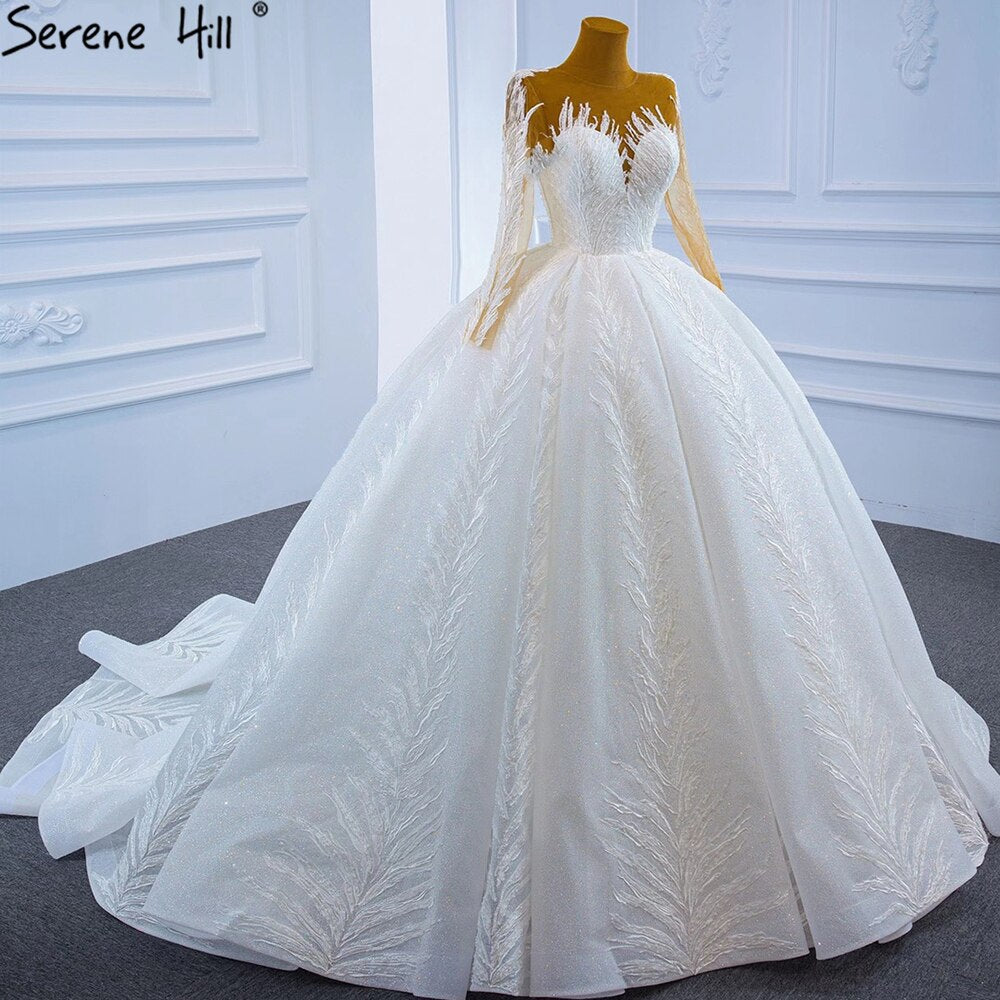 Serene Hill Muslim White Luxury Wedding Dress 2025 - Sparkling Long Sleeve High-End Lace Up Bridal Gown HM67235 | Perfect for Modest Muslim Weddings & Formal Ceremonies