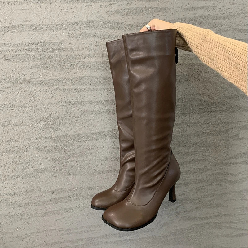 Eilyken Women's Knee High Boots - Cozy Button-Up Winter Booties with Round Toe & Thin Heel for Party, Office & Casual Outfits | Autumn Winter Fashion Shoes