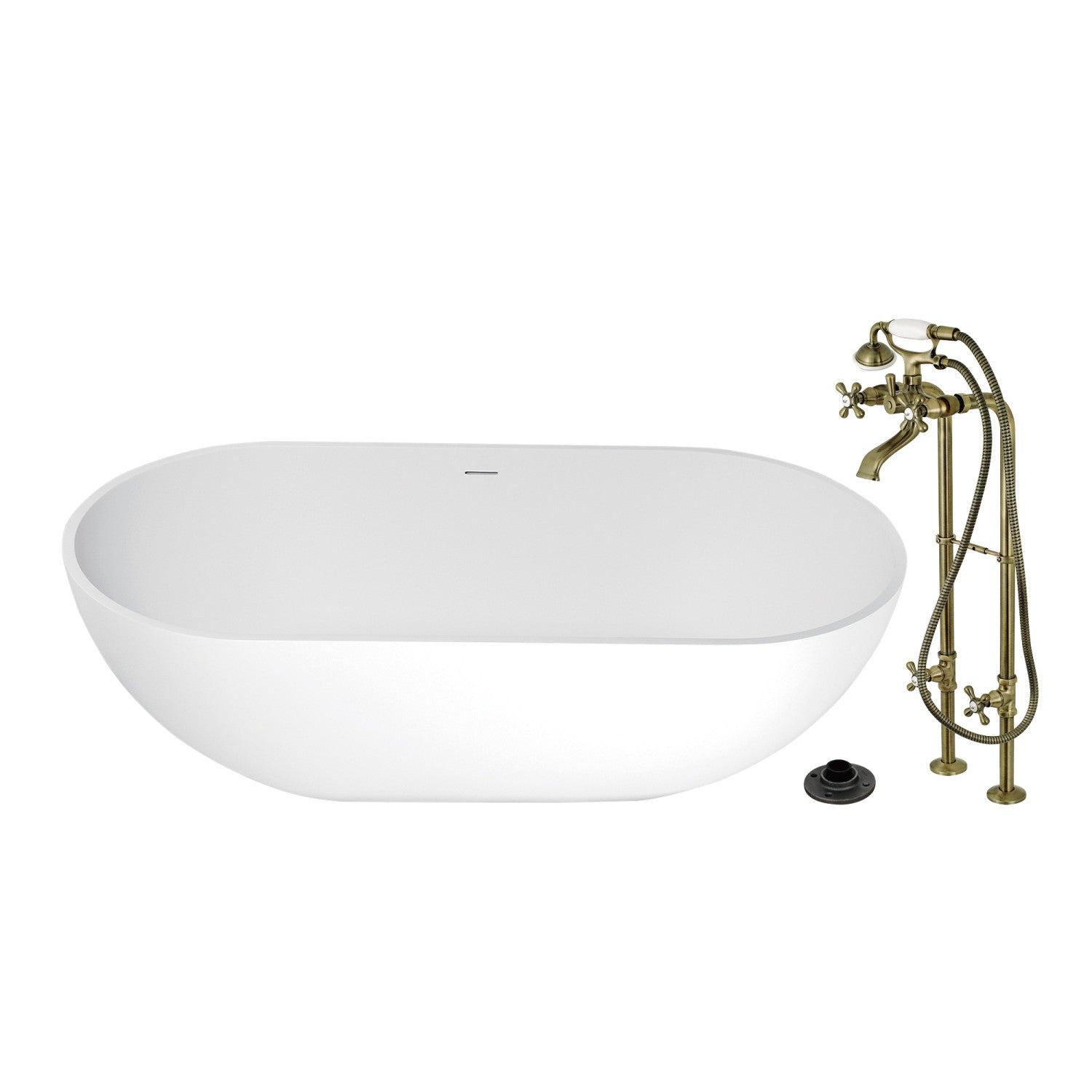 70 Inch Freestanding Oval Bathtub with Antique Brass Faucet - Solid Surface Double Ended Soaking Tub for Luxury Bathroom | Perfect for Spa Relaxation & Modern Home Decor