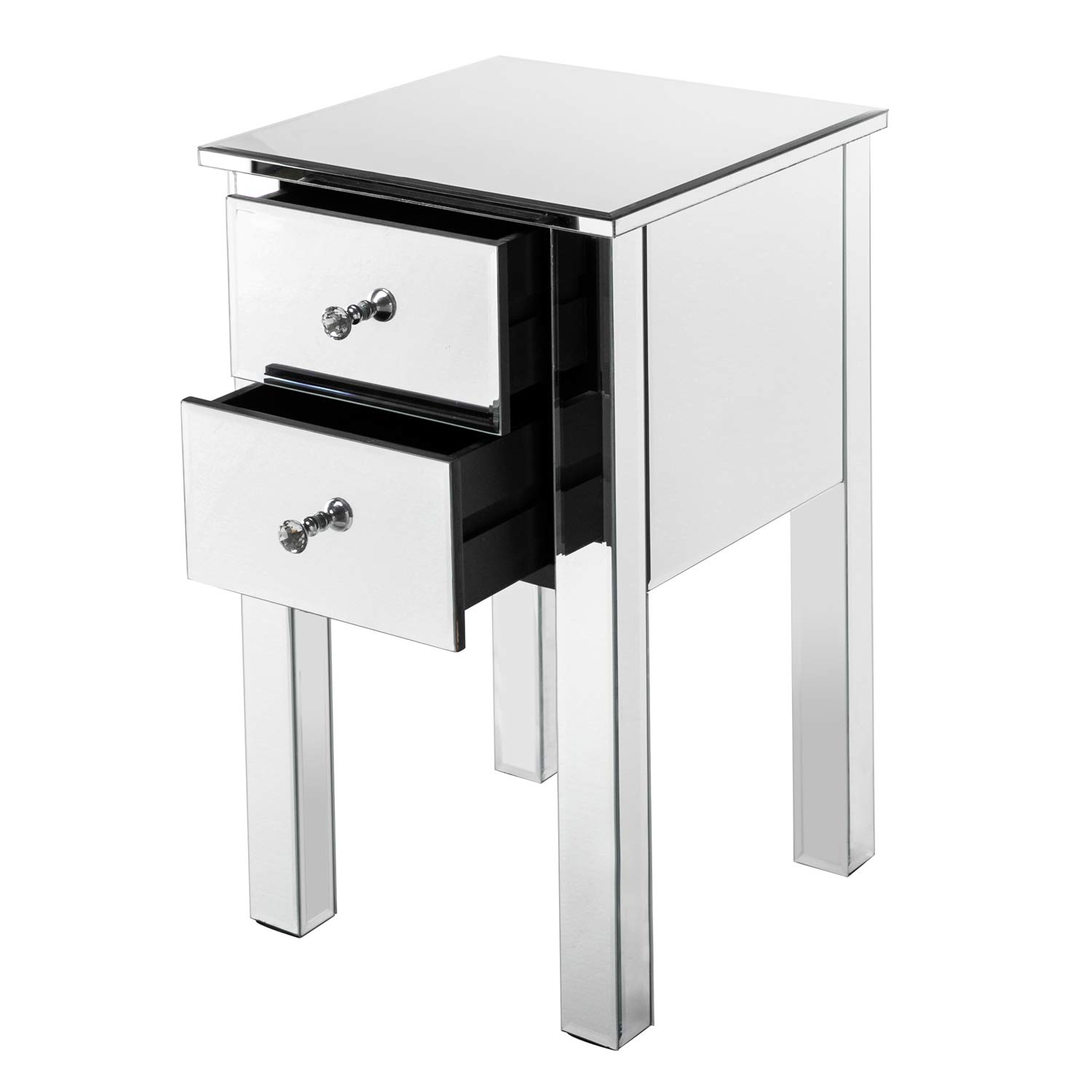 Mirrored Nightstand with 2 Drawers - Silver End Table with Crystal Handles for Bedroom & Living Room | Elegant Accent Table for Bedside, Sofa Side & Dressing Area