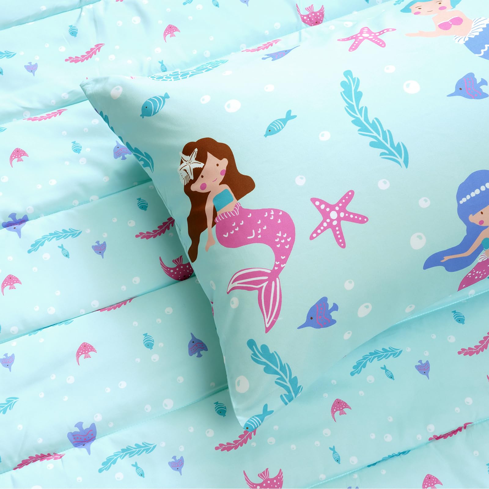 David's Kids 4-Piece Toddler Bedding Set - Soft & Breathable Crib Bedding for Boys & Girls, Includes Quilted Comforter, Flat Sheet, Fitted Sheet & Pillowcase - Mermaid Theme - Perfect for Nursery, Daycare & Toddler Rooms