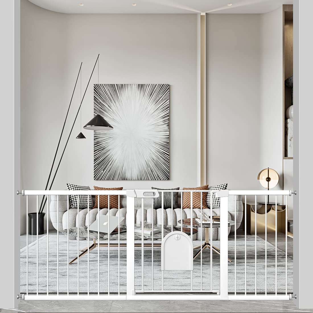 Extra Wide Baby Gate with Cat Door - Pressure Mounted No Drill Safety Gate for Stairs & Kitchen (48.82