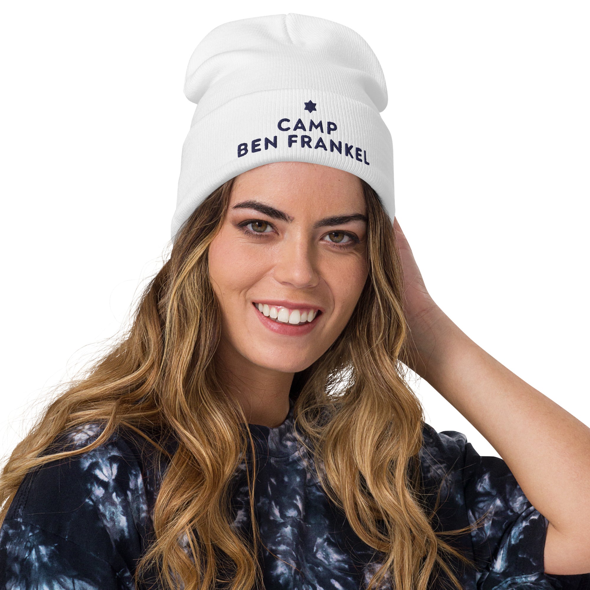Ben Frankel Embroidered White Beanie - Winter Warm Knit Hat for Men & Women - Perfect for Skiing, Snowboarding & Outdoor Activities