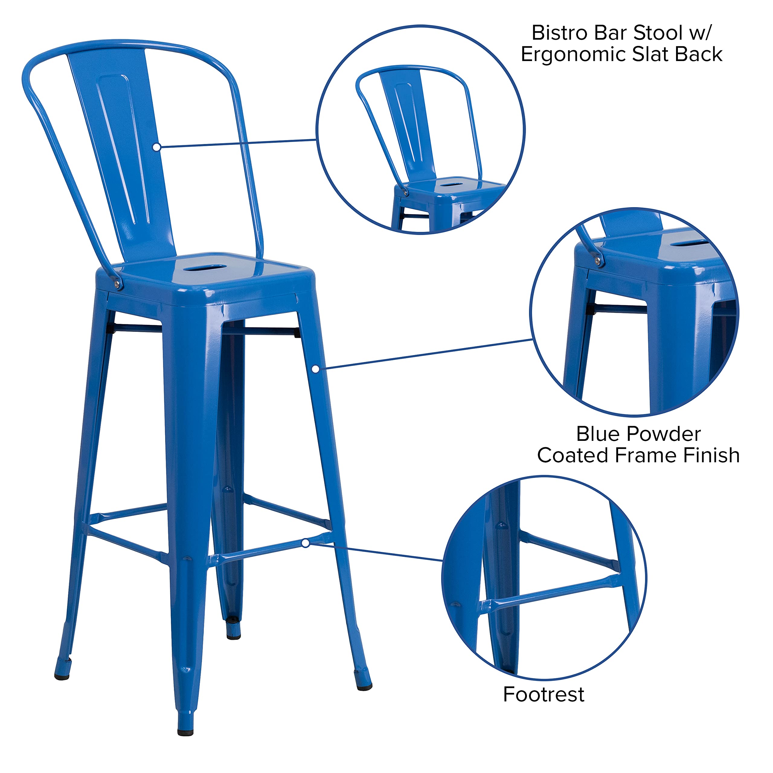 EMMA + OLIVER 30 Inch Commercial Grade Blue Metal Bar Stool with Back - Heavy Duty Indoor Outdoor Counter Height Stool for Kitchen Island, Bar, Restaurant & Patio