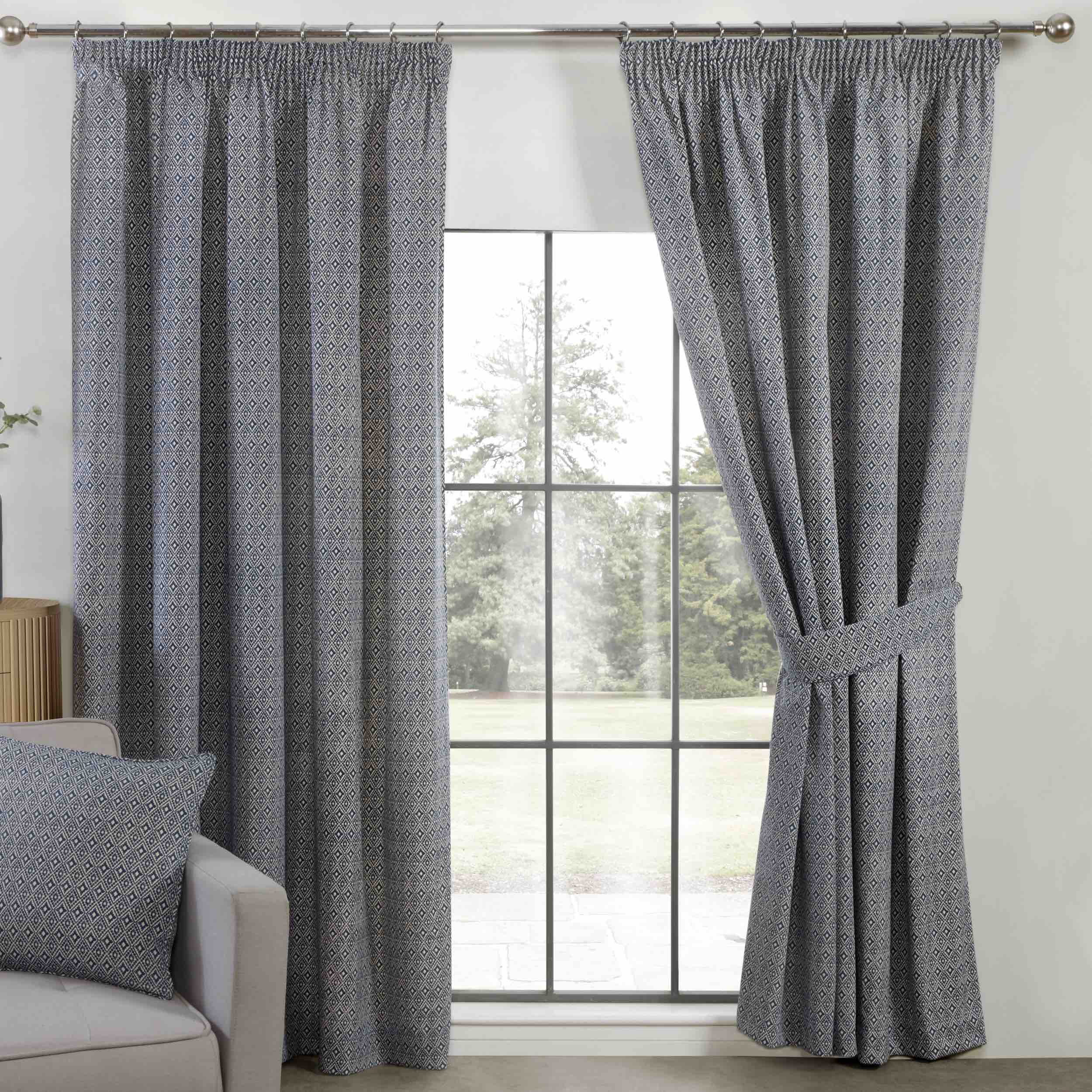 Sundour Aztec 3 Pencil Pleat Curtains in Navy Blue - Stylish Window Treatments for Living Room, Bedroom & Office Decor