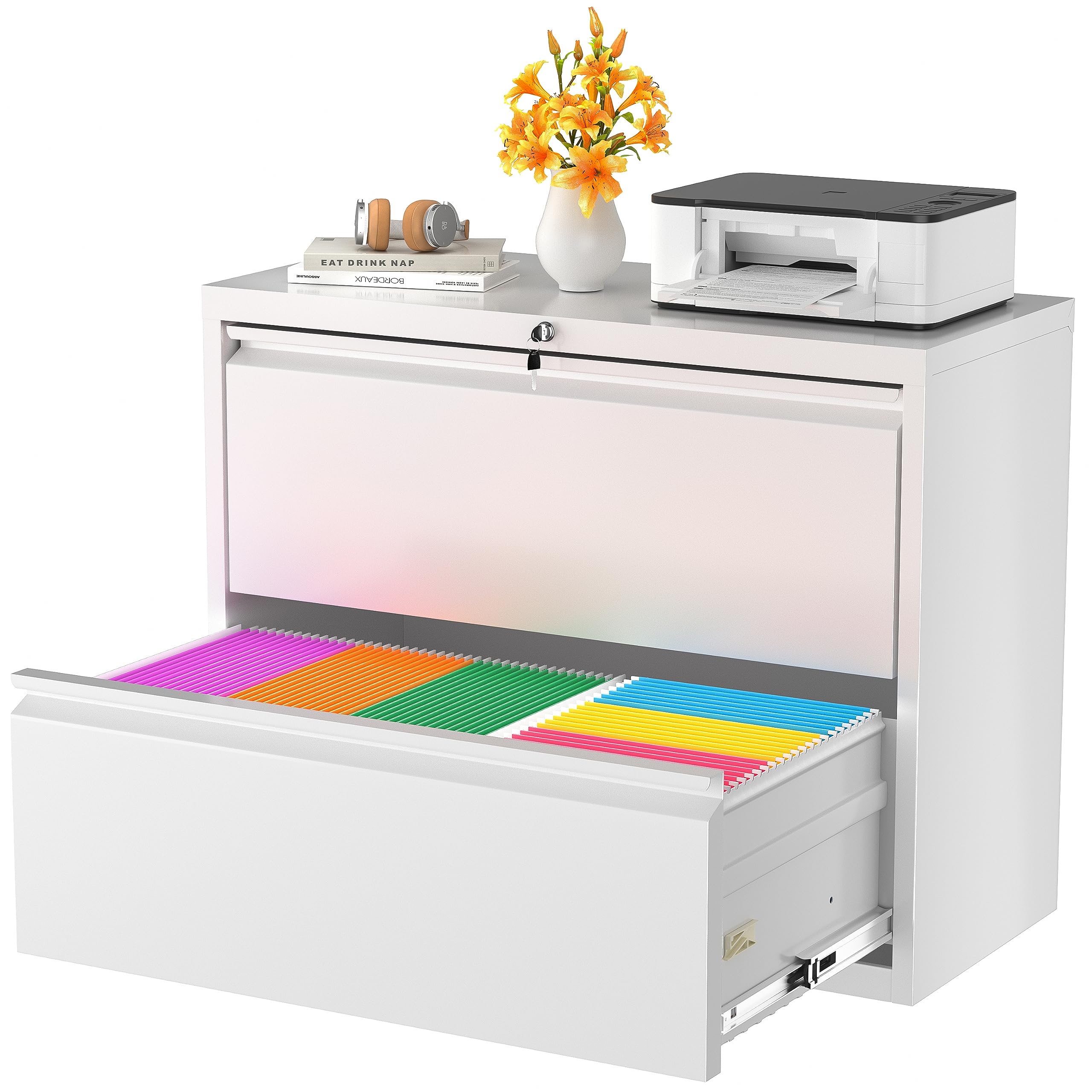 Superday 2-Drawer Metal Lateral File Cabinet with Lock - White Locking Filing Cabinet for Letter/A4 Legal Size Documents - Perfect for Home Office, School, or Business Storage Organization