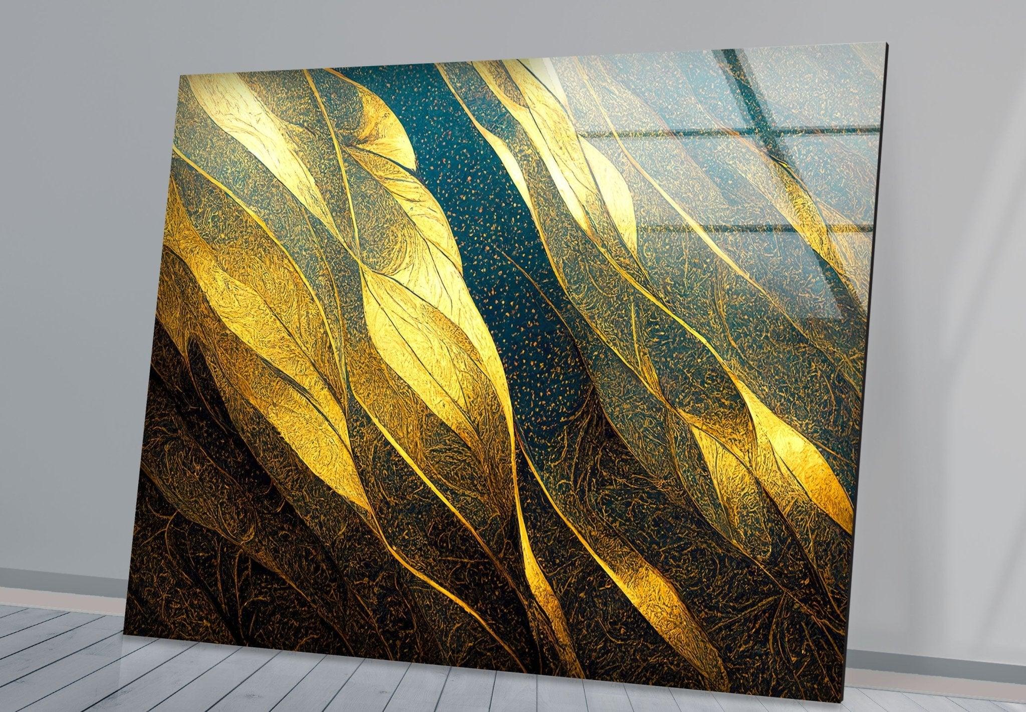 Abstract Decorative Golden Elegant Glass Wall Art - Modern Home Decor for Living Room, Bedroom & Office | Handcrafted Glass Panel for Stylish Interior Design