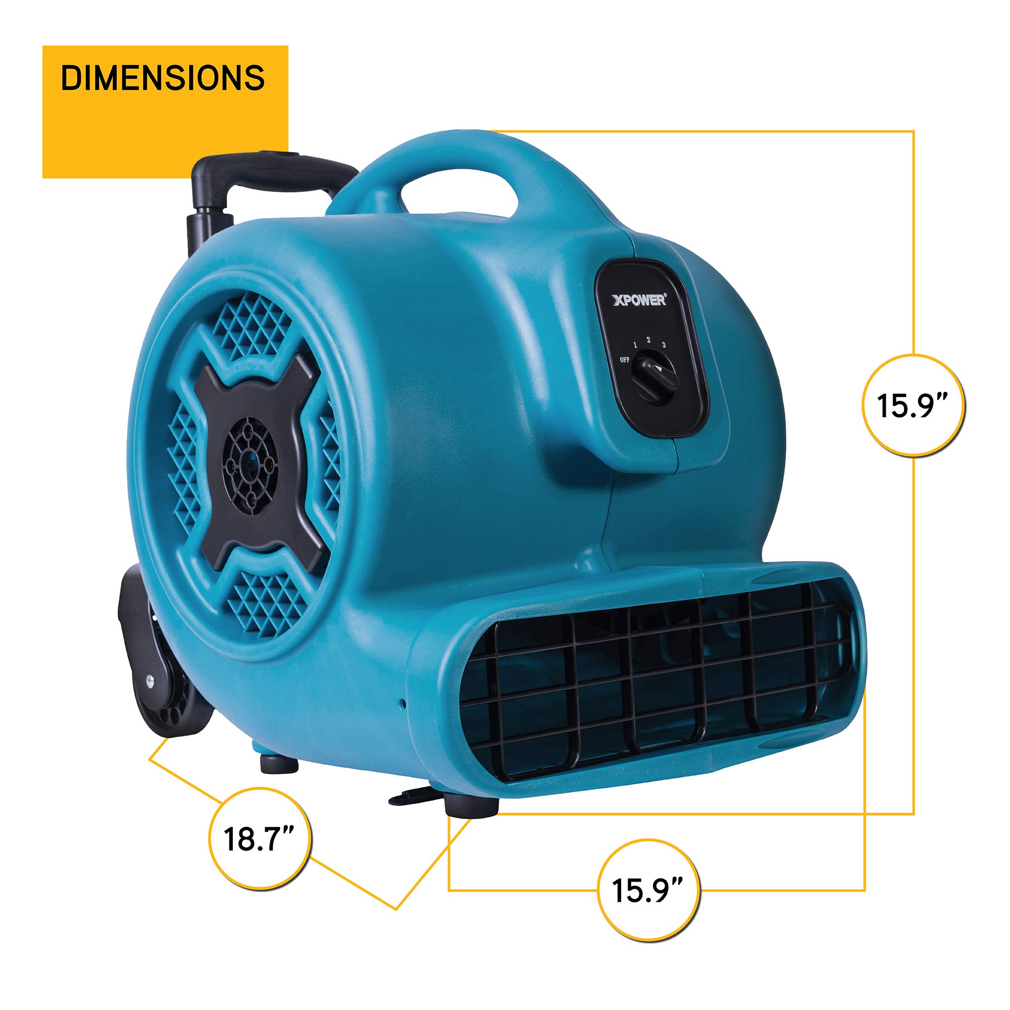 XPOWER P-830H Pro 1 HP 3600 CFM Heavy Duty Centrifugal Air Mover - Carpet Dryer, Floor Fan & Blower with Telescopic Handle & Wheels - Ideal for Water Damage Restoration, Janitorial Cleaning, Plumbing Work & Home Use - Perfect for Basements, Garages & Flooded Areas