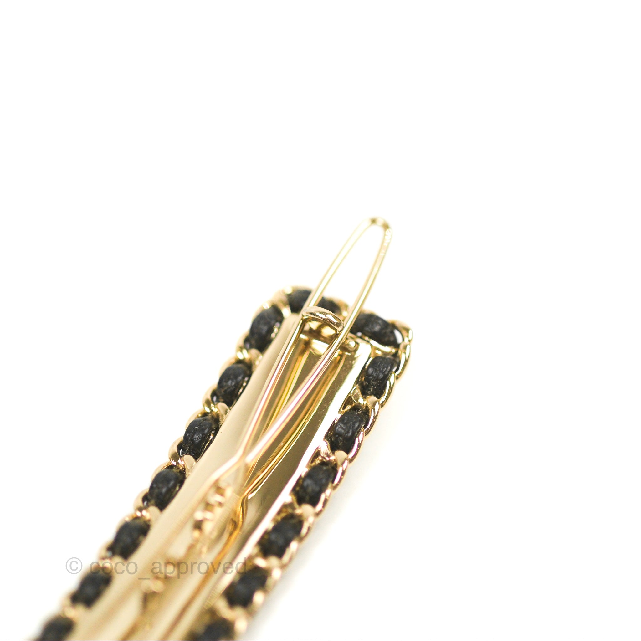 Chanel CC Logo Black Leather Hair Clip with Gold Tone - Elegant Hair Accessory for Women, Perfect for Parties, Weddings & Everyday Style