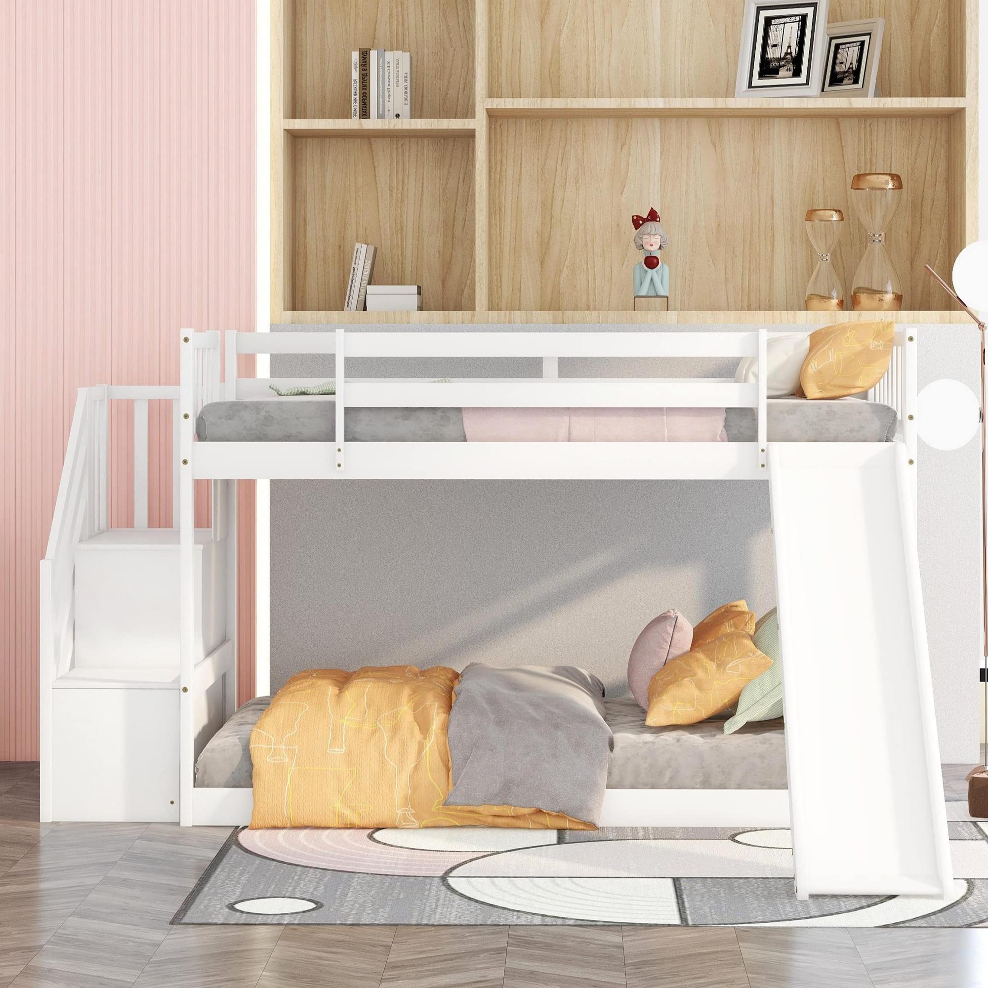 Harper & Bright Designs Twin Over Twin Low Profile Bunk Bed with Slide & Staircase - Solid Wood Kids Bunk Bed, No Box Spring Needed, White - Perfect for Small Rooms, Kids' Bedrooms & Sleepovers