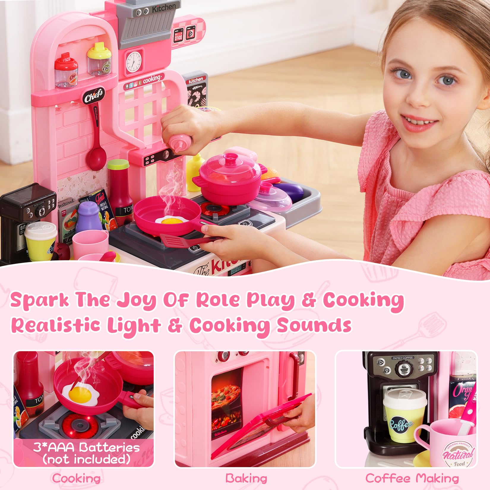 Pink Kids Play Kitchen Set with Sound & Light - 27.1