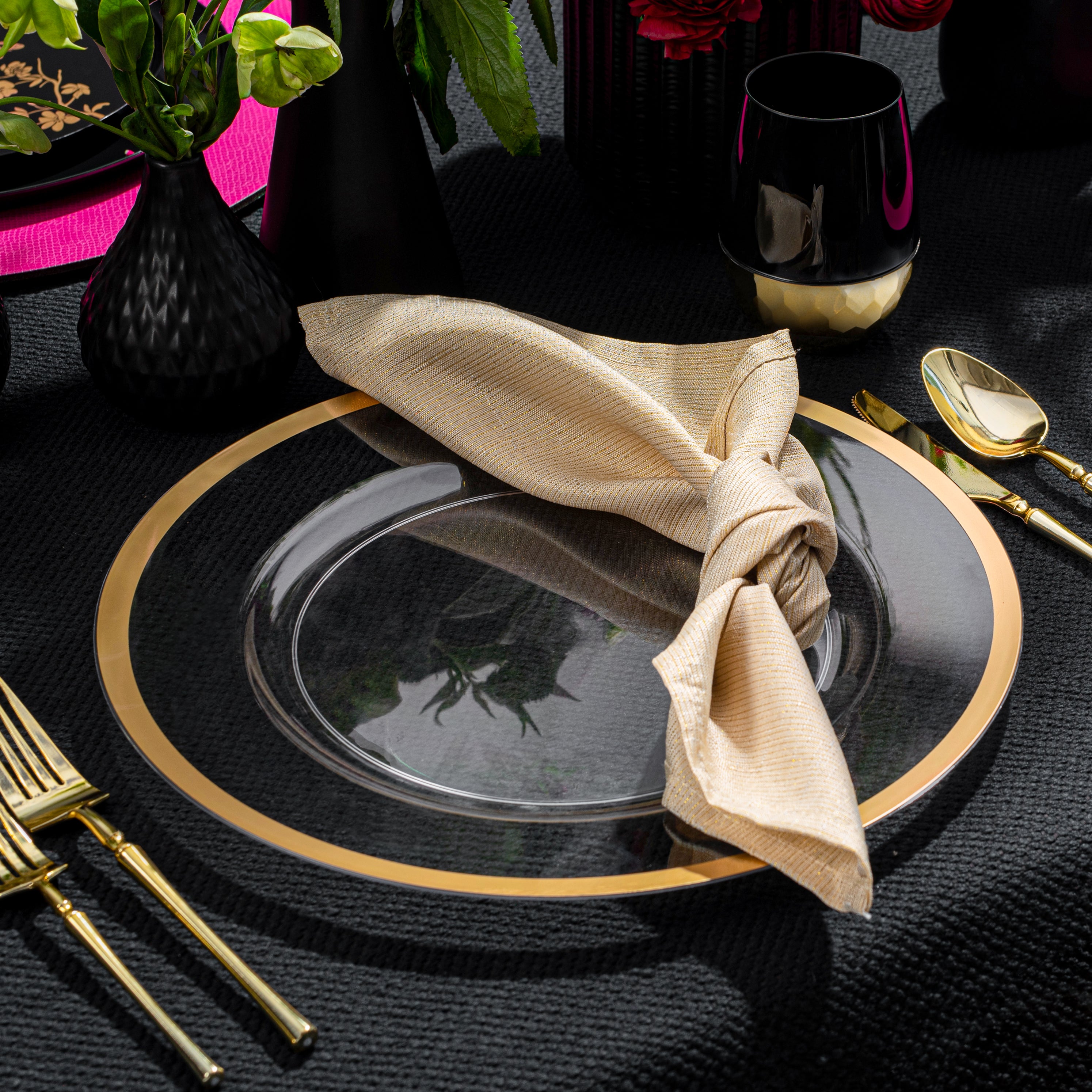 13″ Clear & Gold Rim Plastic Charger Plates - Set of 4 - Elegant Round Dinner Plates for Weddings, Parties & Formal Dining