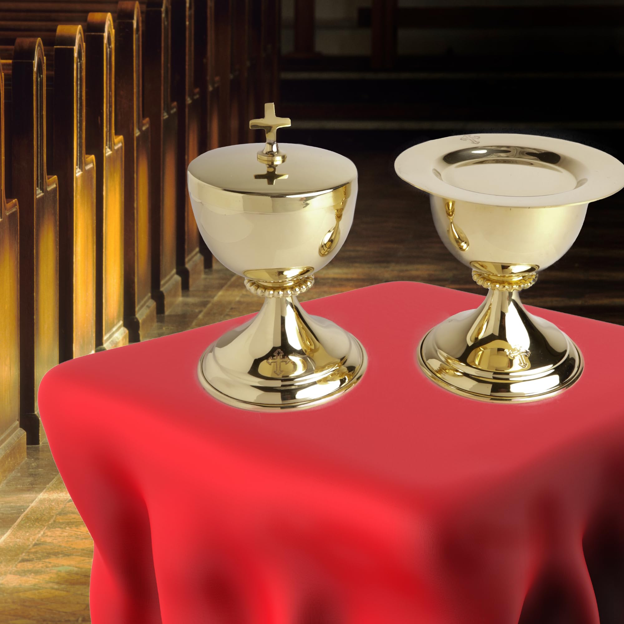 Needzo High Polished Brass Chalice, Paten and Ciborium Set - 5.75 Inch Catholic Church Communion Supplies for Holy Eucharist, Mass Celebrations & Religious Ceremonies