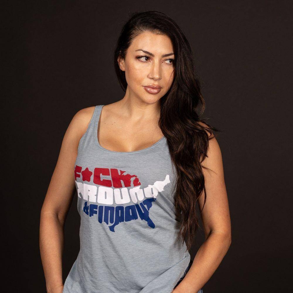 Women's Funny Sarcastic 'F*ck Around and Find Out' Graphic Tank Top - Stonewash Denim Vintage Style - Perfect for Casual Outings, Music Festivals & Girls Night Out