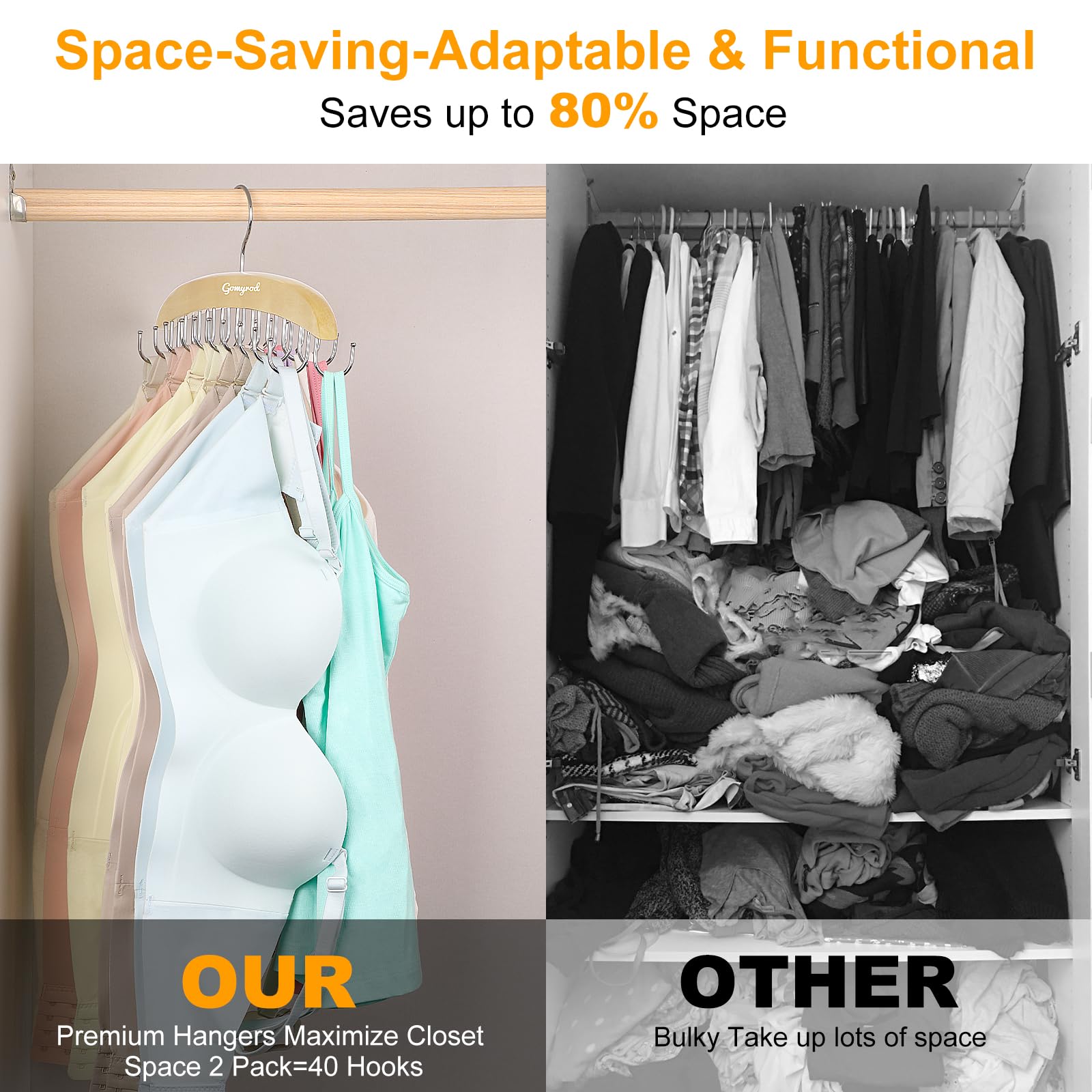 2 Pack Bra Hanger for Closet with 20 Hooks - Space Saving Tank Top Organizer Holds 40 Bras - Premium Wooden & Metal 360° Rotating Closet Storage - Perfect for Dorm, Bedroom, and Small Space Organization