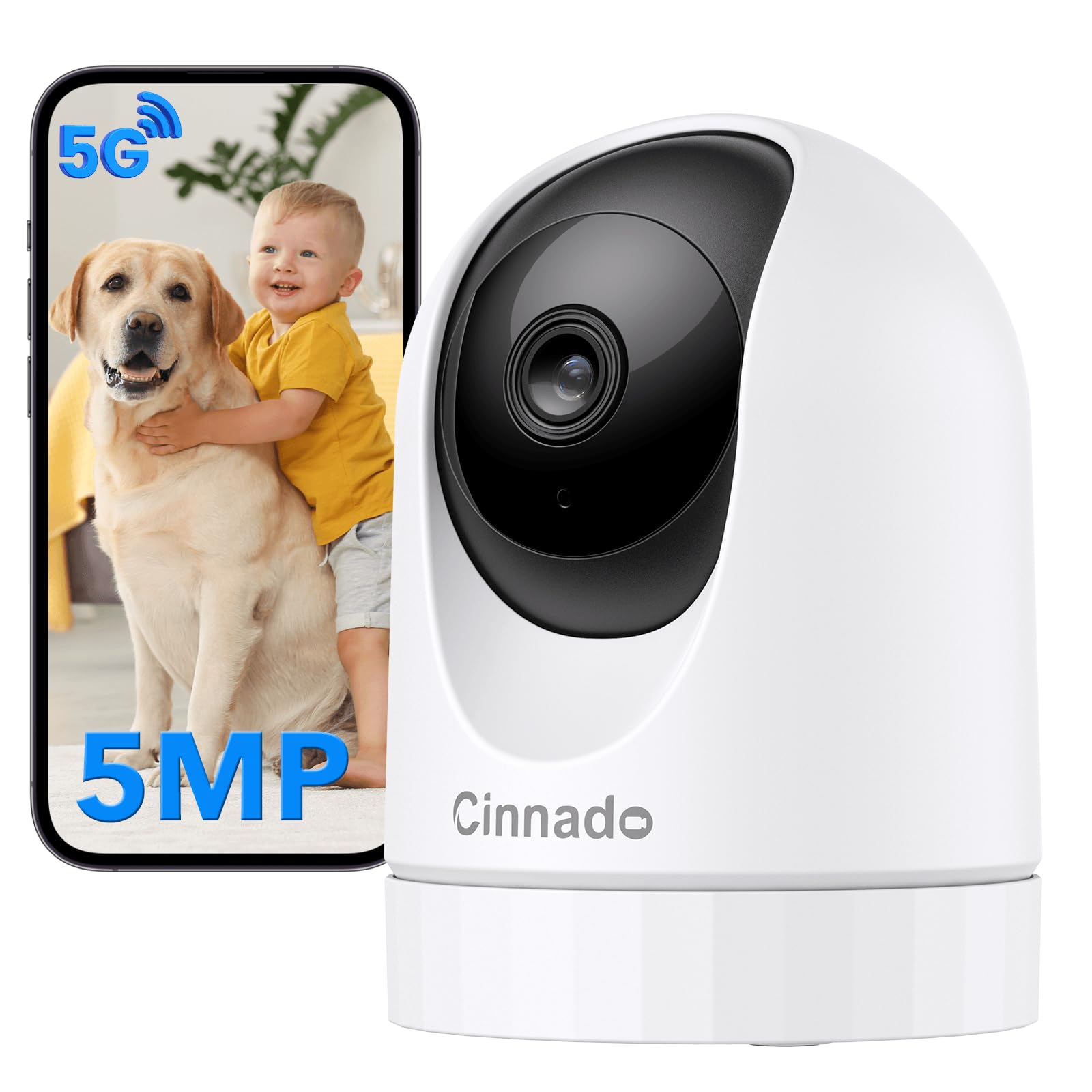 Cinnado 5MP Baby Monitor with Camera - 5G/2.4GHz WiFi Indoor Security Camera, 360° Pet Camera with Motion Tracking & Night Vision, Alexa Compatible for Nursery, Kids Room & Home Security
